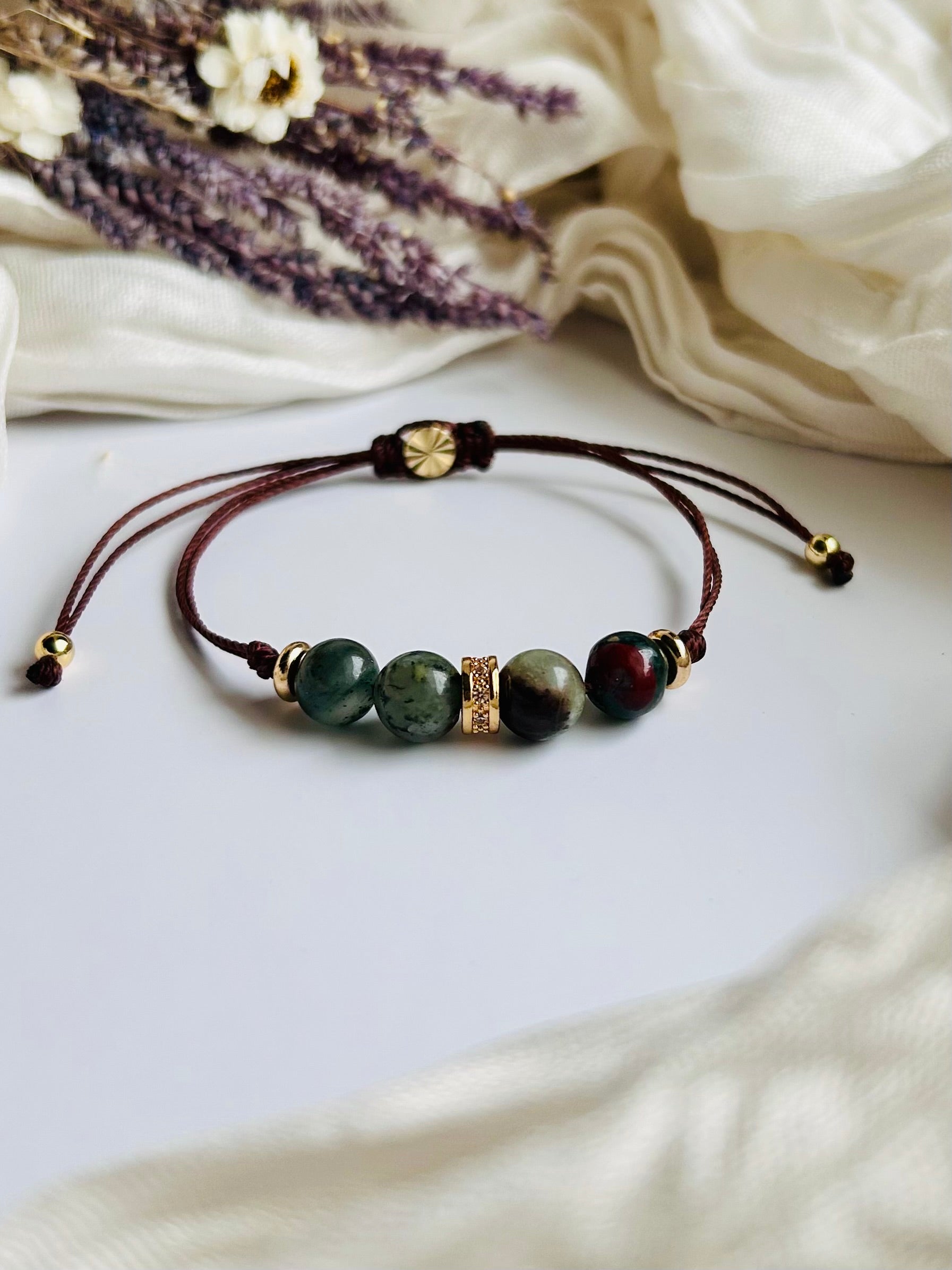 African Bloodstone Handcrafted Adjustable Bracelet with Natural Stone Beads and Gold Accents for Everyday Wear