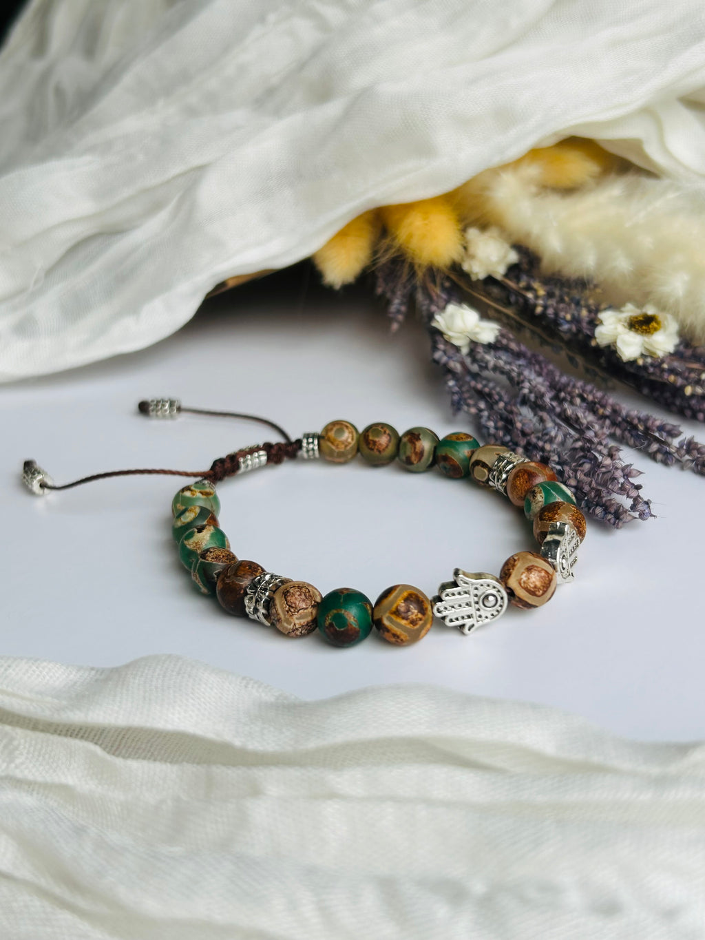 Hamsa Earth Energy Bracelet - Green Tibetan Beads & Stainless Steel Hamsa Charms - Adjustable Cord Closure - Handcrafted for Protection & Positive Energy