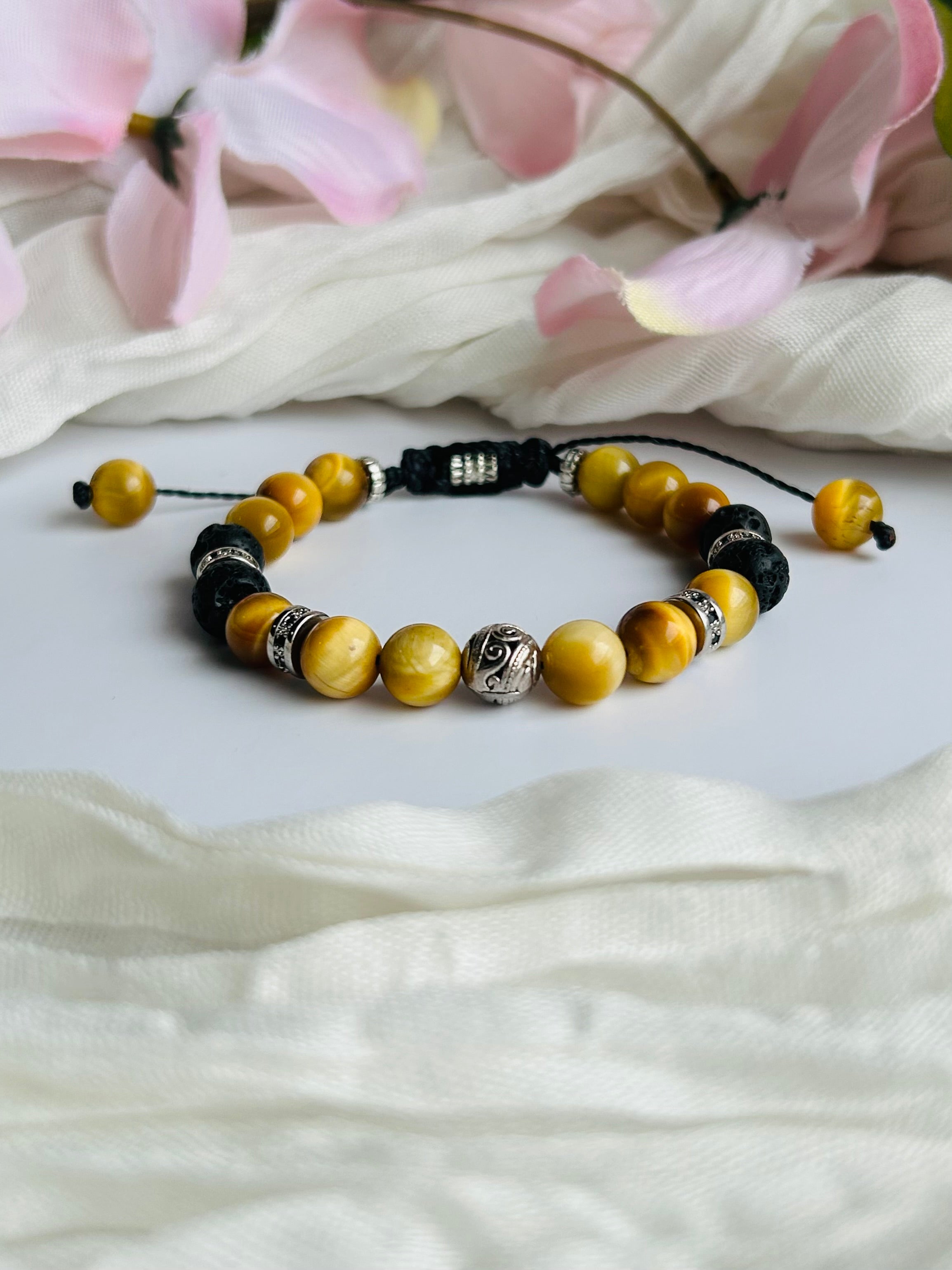 Tiger Eye & Lava Stone Adjustable Bracelet with Silver Beads and Black Cord Unisex Jewelry for Men and Women