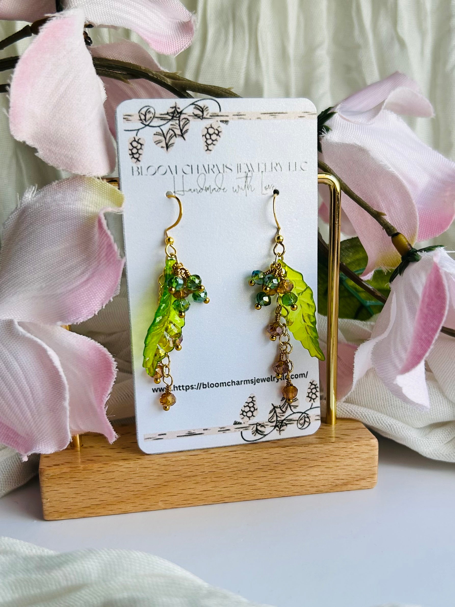 Spring Bloom Earrings with Green Leaf Design and Sparkling Beads Gold-Tone Hooks