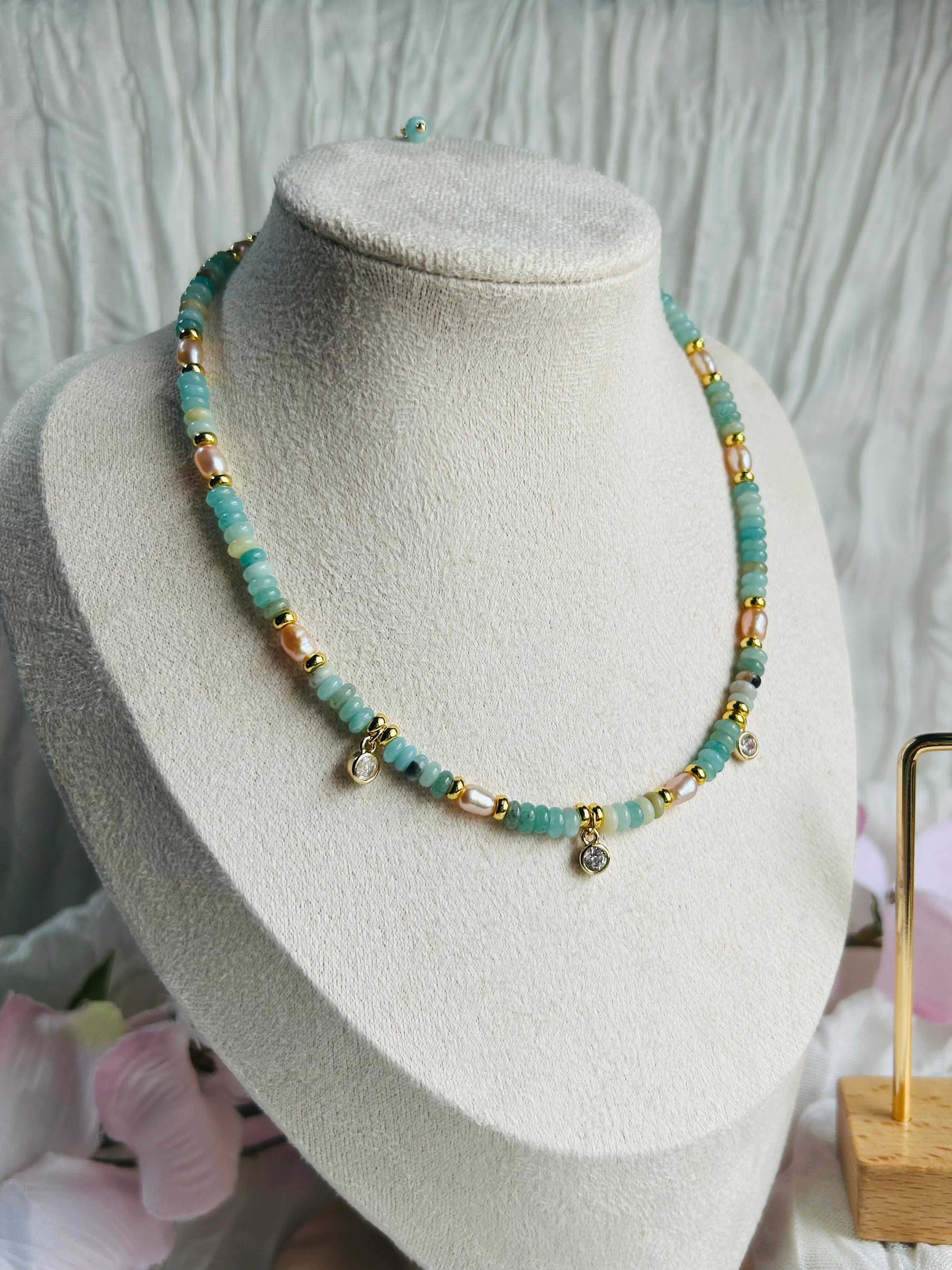 Seafoam Grace Jewelry Set Handcrafted Necklace & Earrings with Amazonite India Agate Freshwater Pearls 18K Gold Plated Hypoallergenic Unique Design