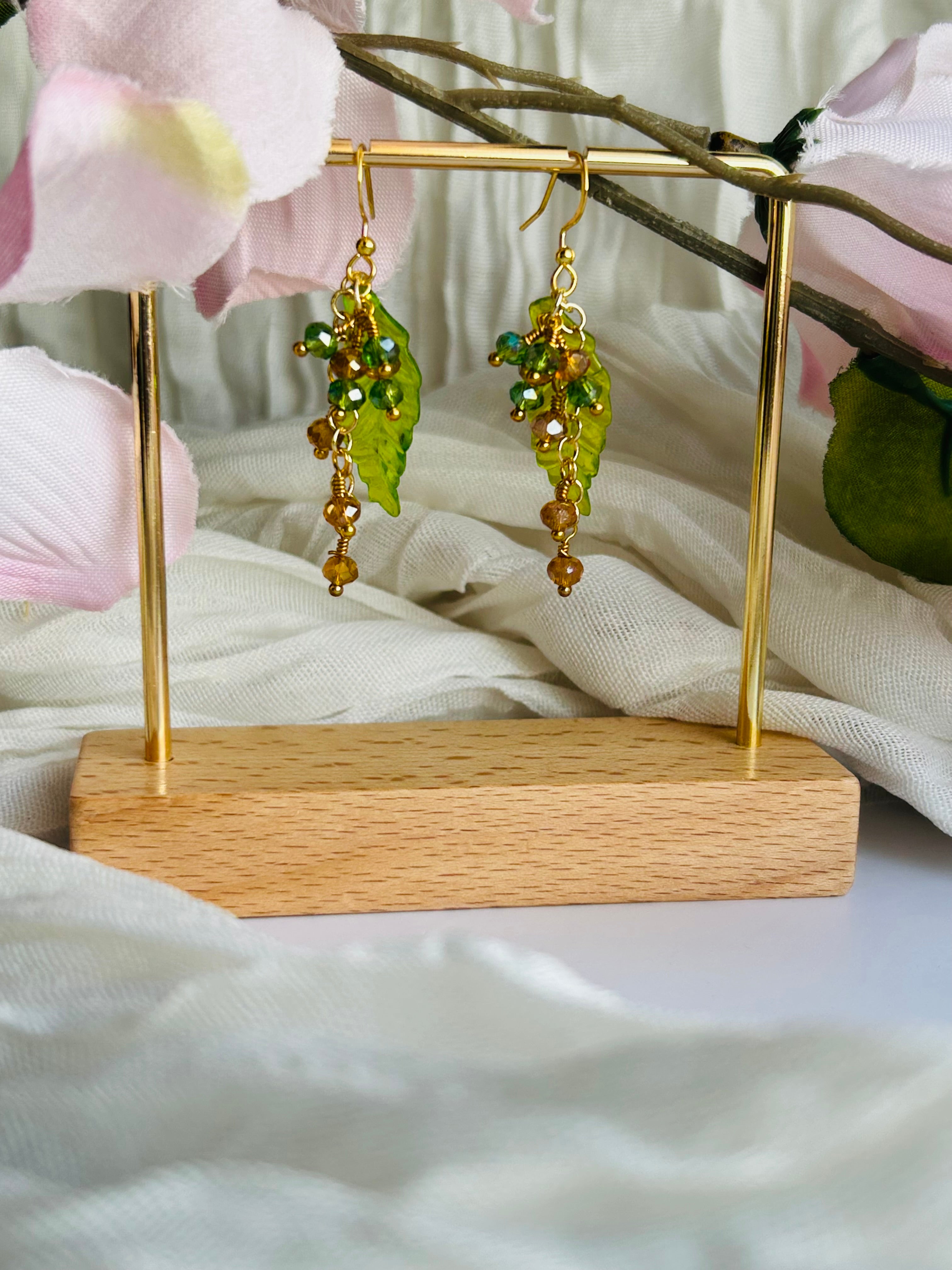 Spring Bloom Earrings with Green Leaf Design and Sparkling Beads Gold-Tone Hooks