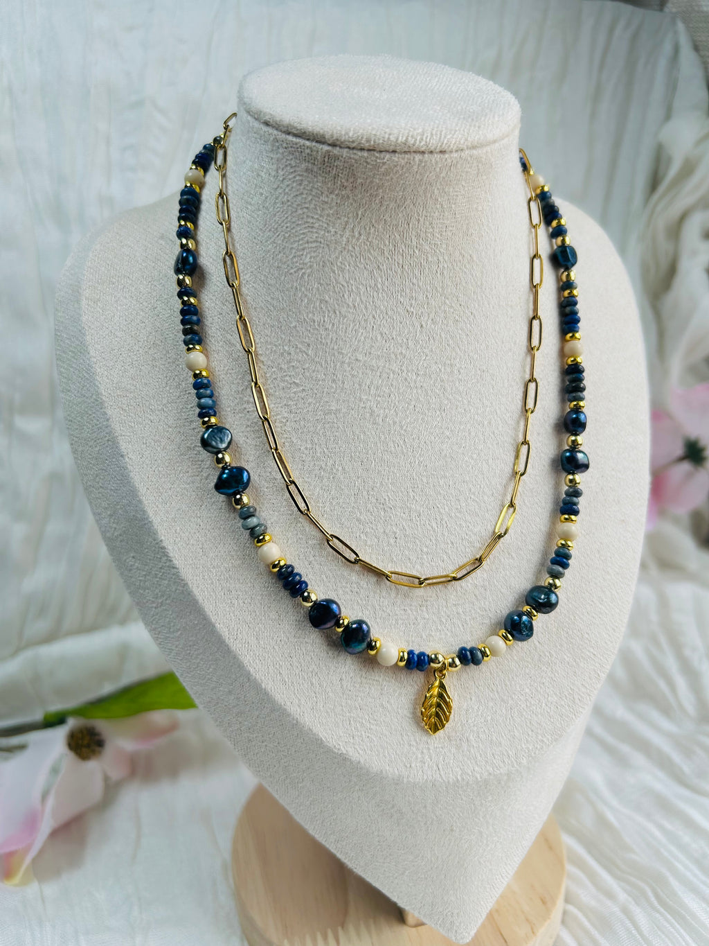 Celestial Leaf Lapis Necklace – Lapis Lazuli & Blue Freshwater Pearls with 18K Gold-Plated Chain.