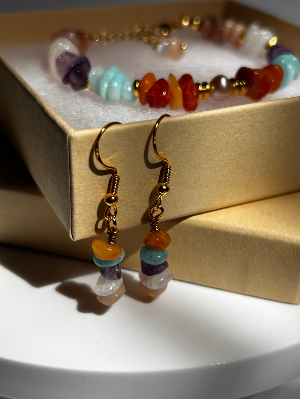 Multicolor Chip Gemstone Bracelet & Earrings Set with Freshwater Pearl 14K Gold Plated.