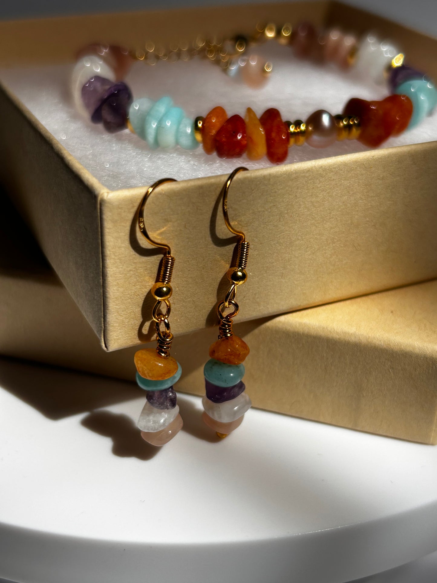 Multicolor Chip Gemstone Bracelet & Earrings Set with Freshwater Pearl 14K Gold Plated.