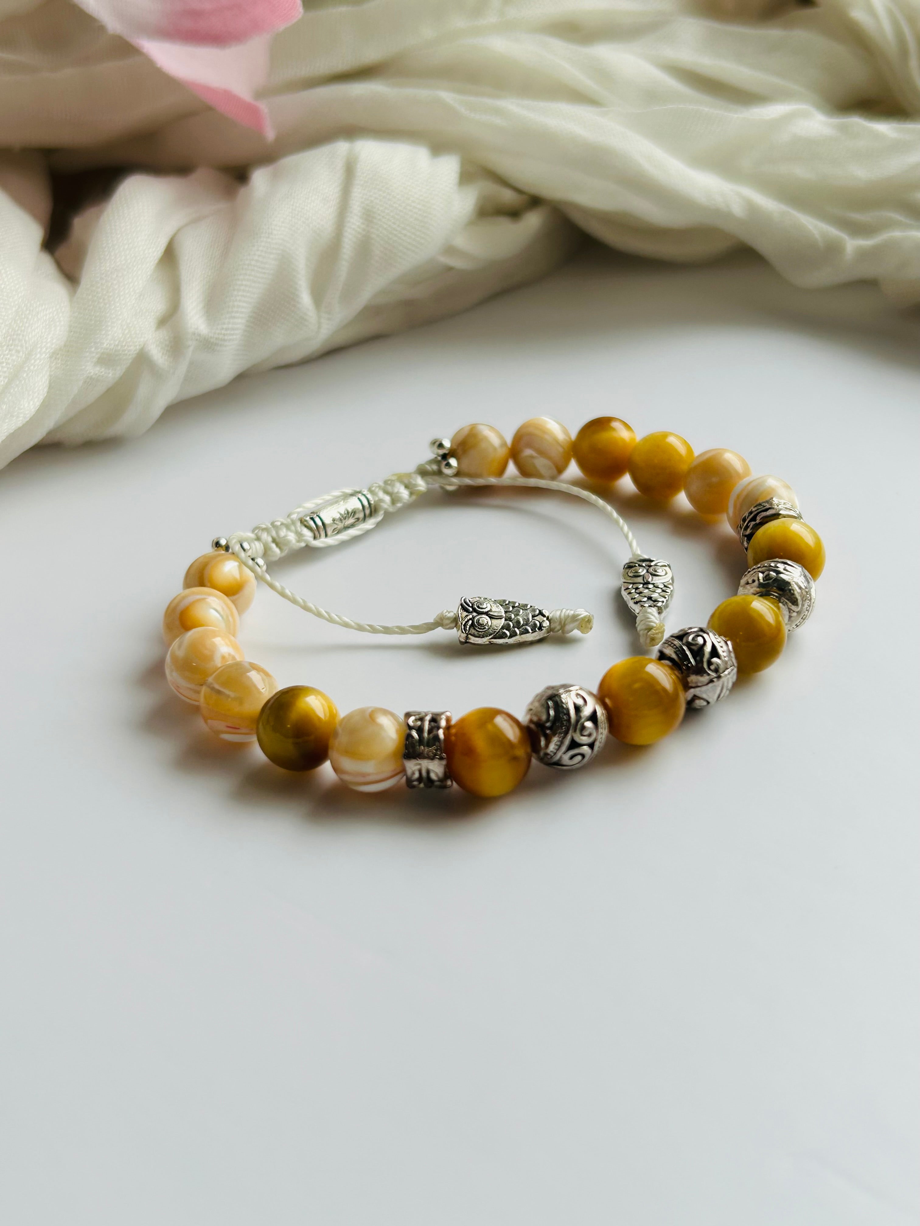 Golden Owl Intuition Bracelet Adjustable with Golden Tiger Eye Gemstones and Stainless Steel Silver Accents.