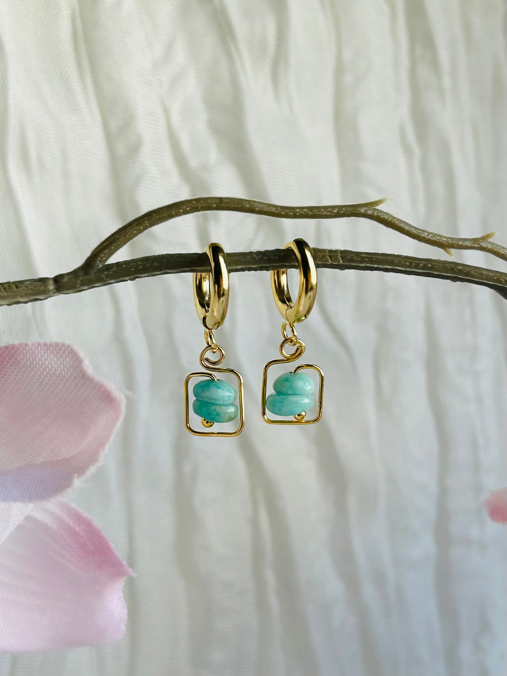 Moon Frame Earrings Natural Amazonite Stones Hypoallergenic Non Tarnish Huggie Hooks for Everyday Wear