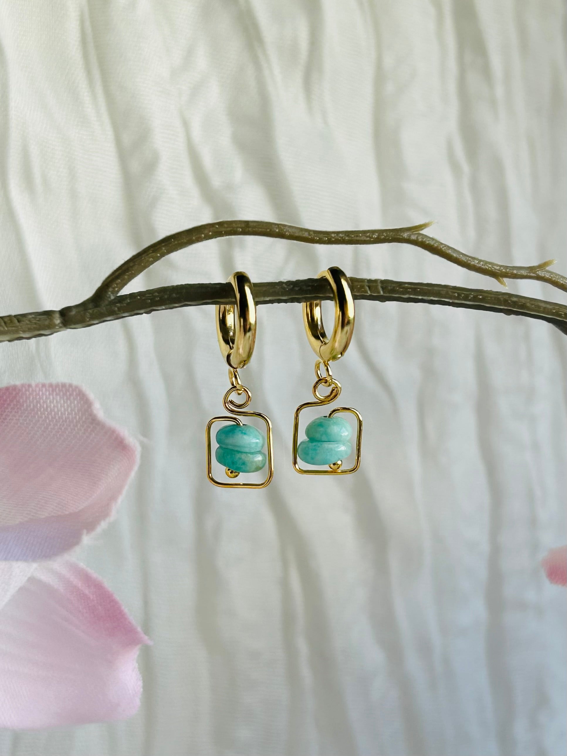 Moon Frame Earrings Natural Amazonite Stones Hypoallergenic Non Tarnish Huggie Hooks for Everyday Wear