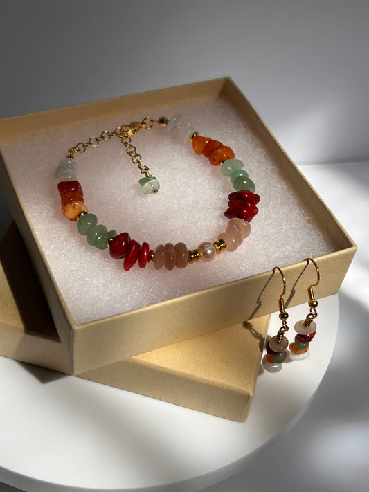 Multicolor Chip Gemstone Bracelet & Earrings Set with Freshwater Pearl 14K Gold Plated.