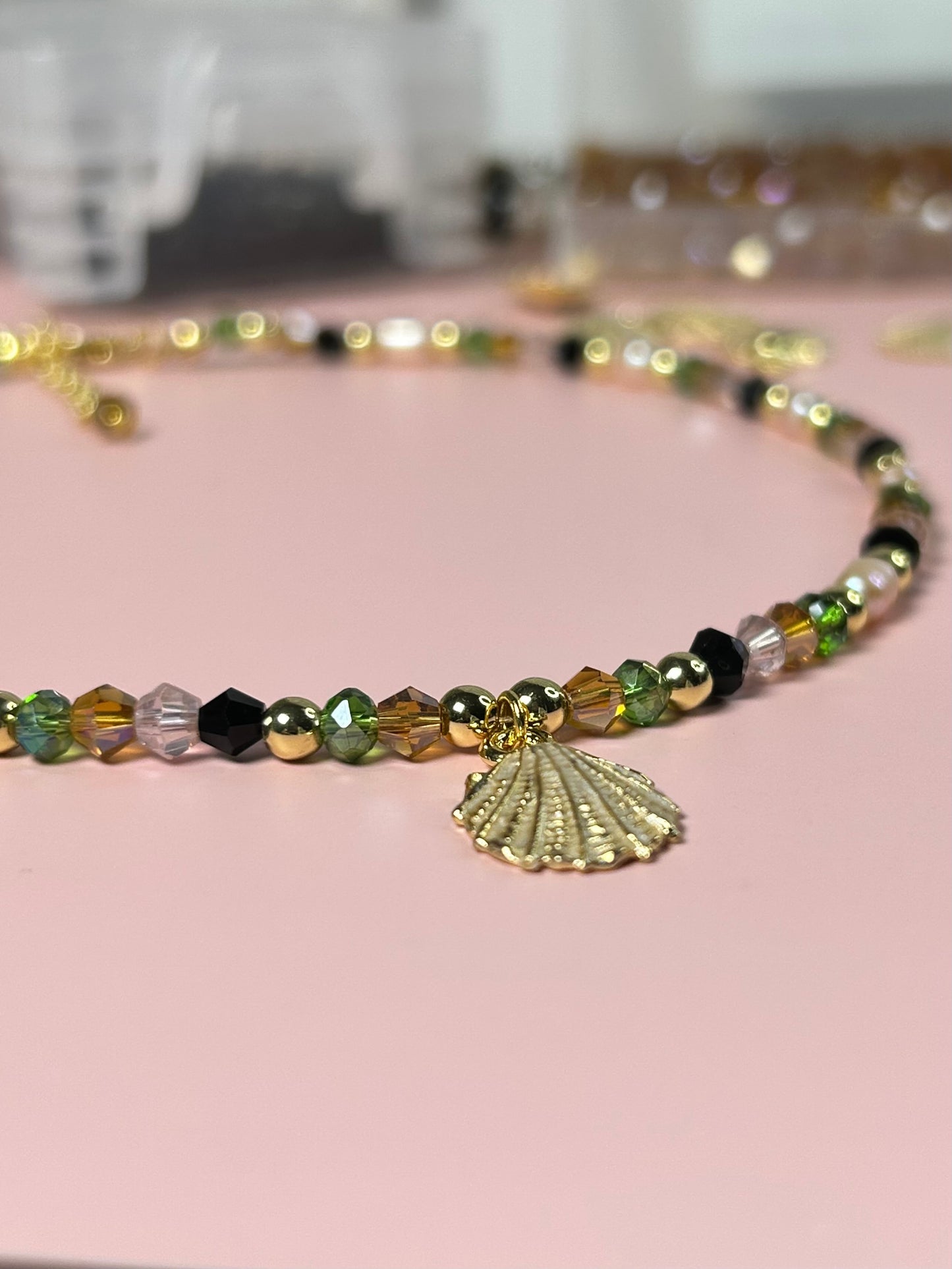 Freshwater Pearls & Crystal Beads Necklace Handmade 14K Gold Plated Shell Charm Elegant Youth Jewelry