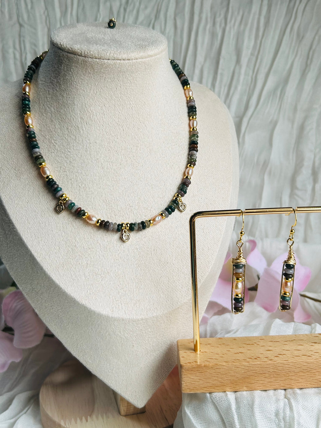 Seafoam Grace Jewelry Set Handcrafted Necklace & Earrings with Amazonite India Agate Freshwater Pearls 18K Gold Plated Hypoallergenic Unique Design