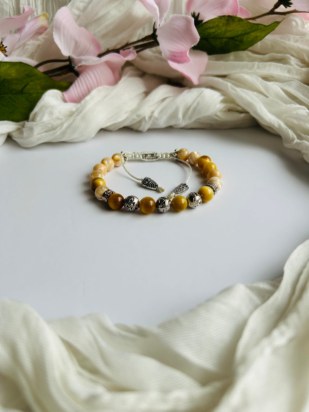 Golden Owl Intuition Bracelet Adjustable with Golden Tiger Eye Gemstones and Stainless Steel Silver Accents.