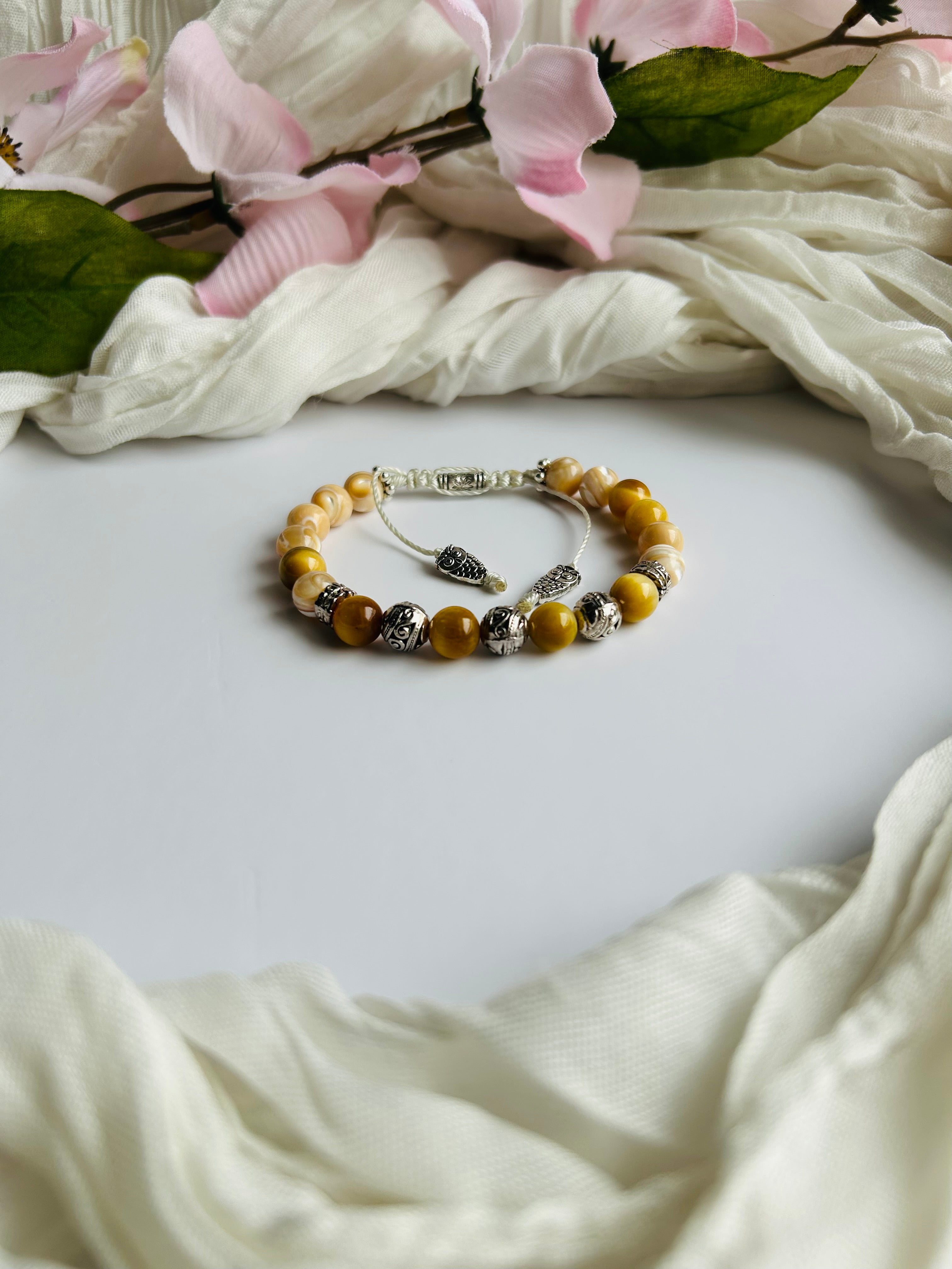 Golden Owl Intuition Bracelet Adjustable with Golden Tiger Eye Gemstones and Stainless Steel Silver Accents.