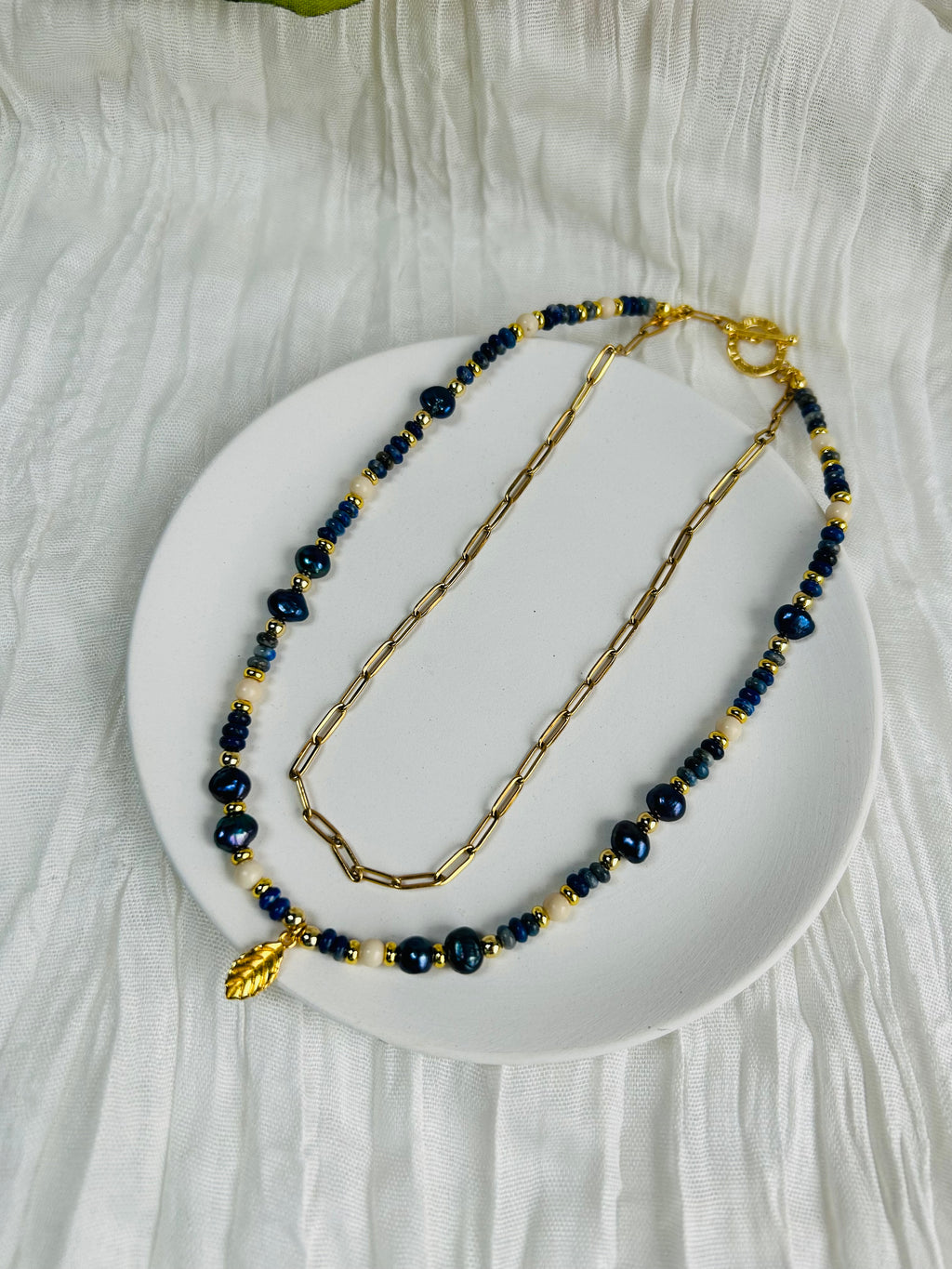 Celestial Leaf Lapis Necklace – Lapis Lazuli & Blue Freshwater Pearls with 18K Gold-Plated Chain.
