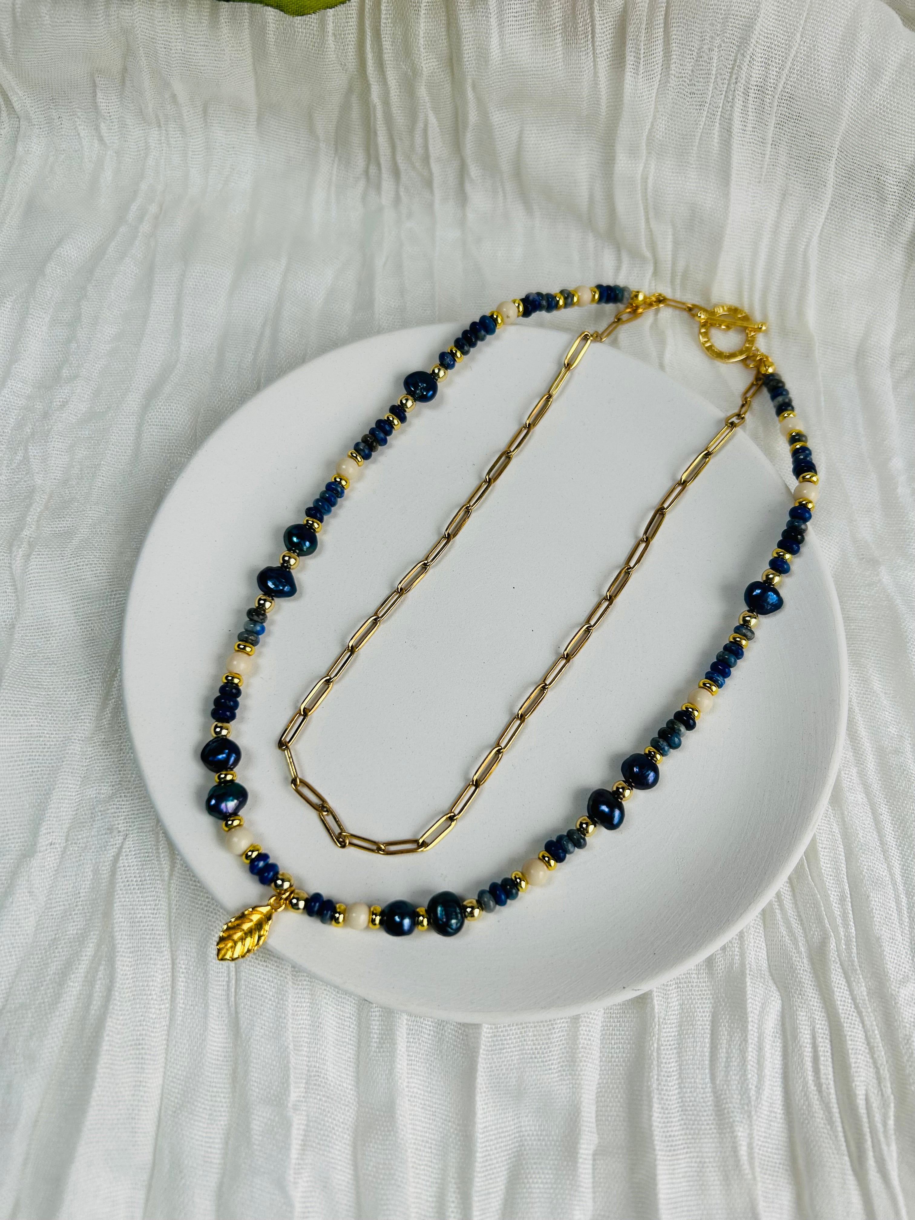 Celestial Leaf Lapis Necklace – Lapis Lazuli & Blue Freshwater Pearls with 18K Gold-Plated Chain.