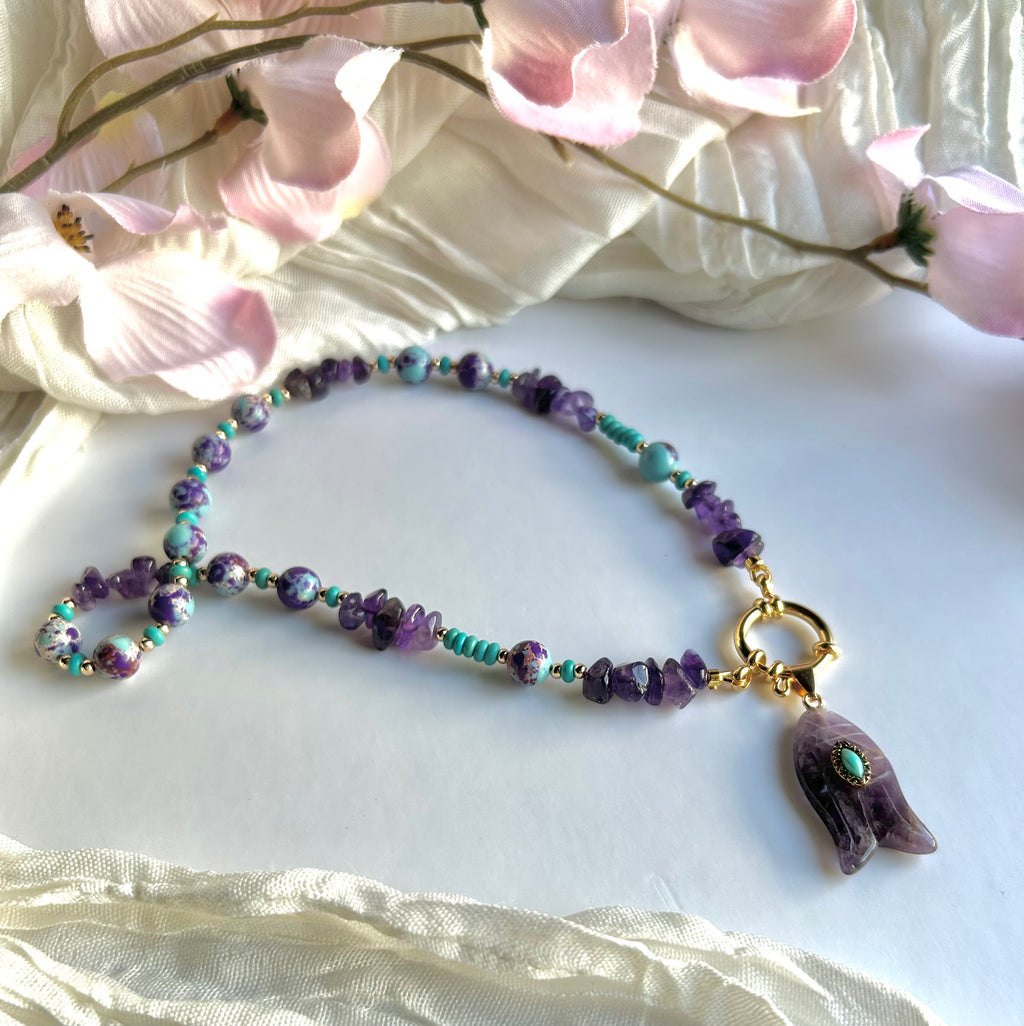 Amethyst Soul Handmade Necklace with Amethyst & Turquoise Stones Carved Fish Pendant Handcrafted Jewelry for Women