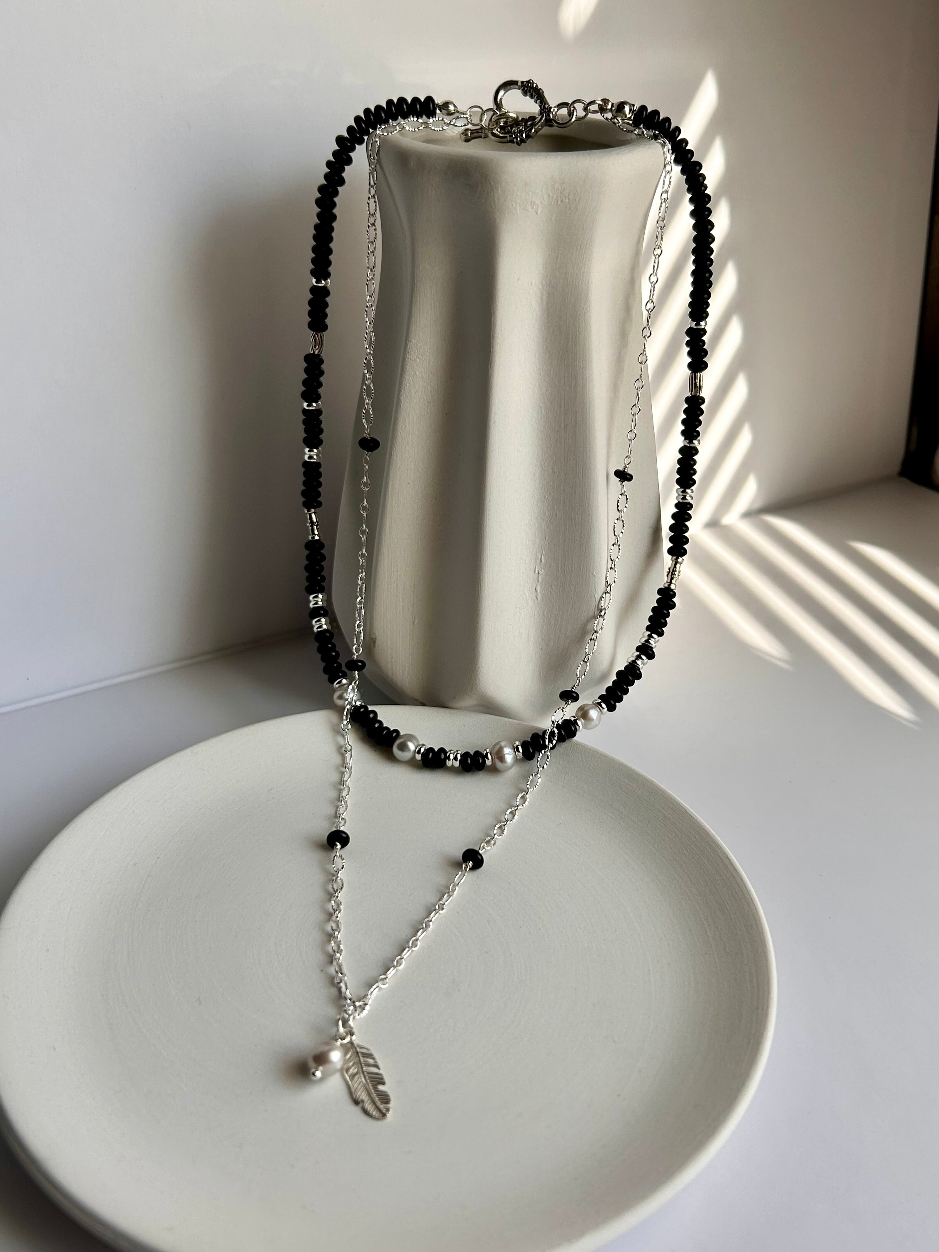 Midnight Protection Black Obsidian Layered Necklace with Feather Charm & Freshwater Pearls Stainless Steel Silver Plated Fashion Jewelry for Women