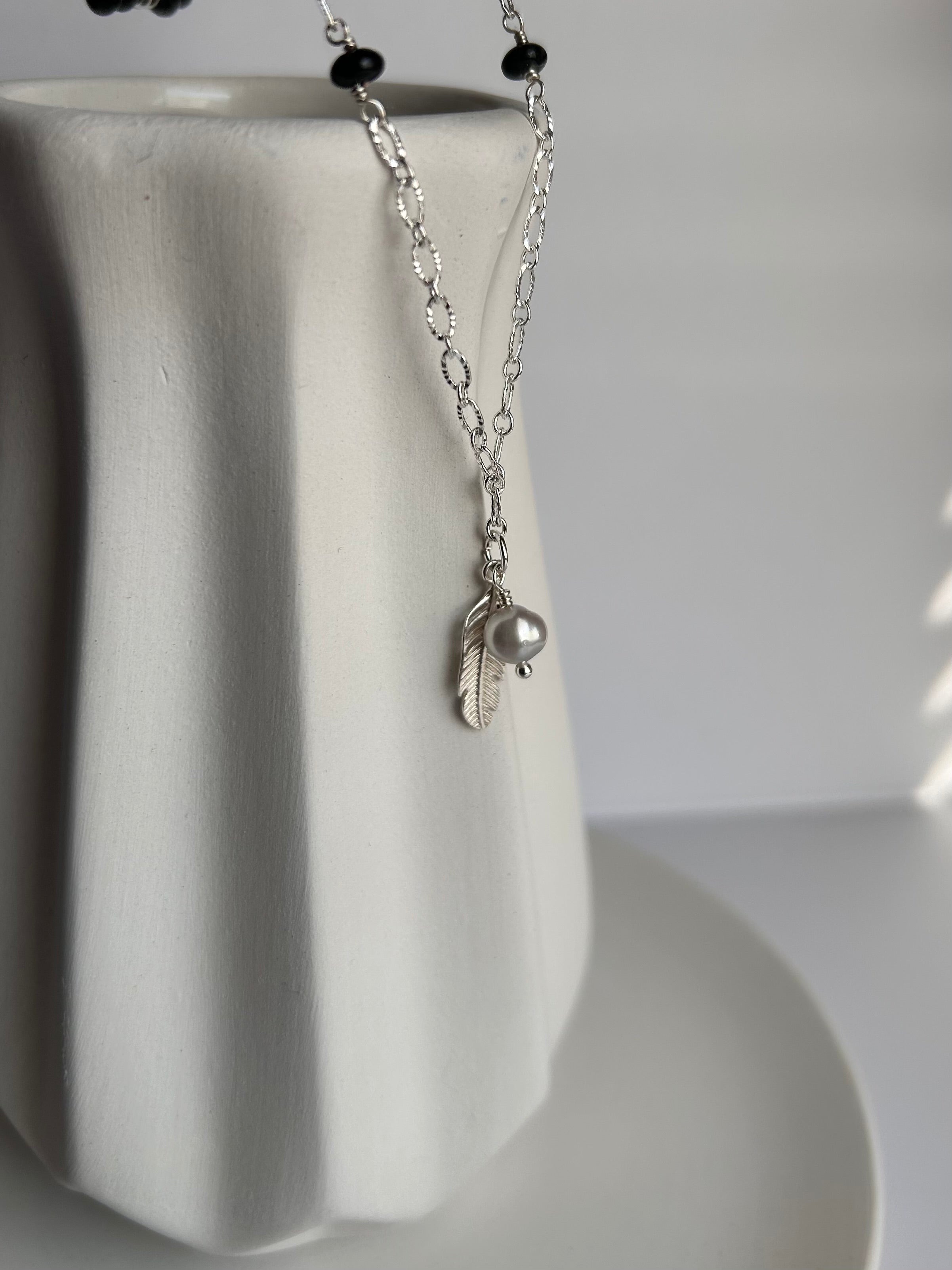 Midnight Protection Black Obsidian Layered Necklace with Feather Charm & Freshwater Pearls Stainless Steel Silver Plated Fashion Jewelry for Women