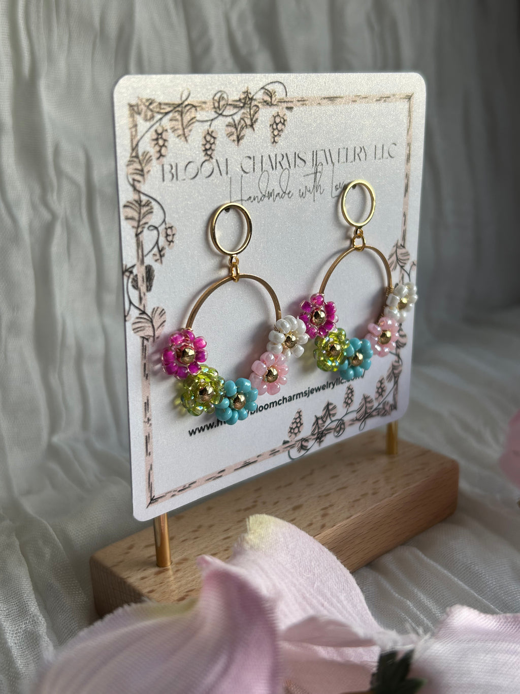 Opaline Flower Beaded Wrapped Wire Earrings 18K Gold Plated Hypoallergenic Non-Tarnish Versatile Appeal for Sensitive Ears Colorful Bead Designs Gold-Tone Wire Hoops
