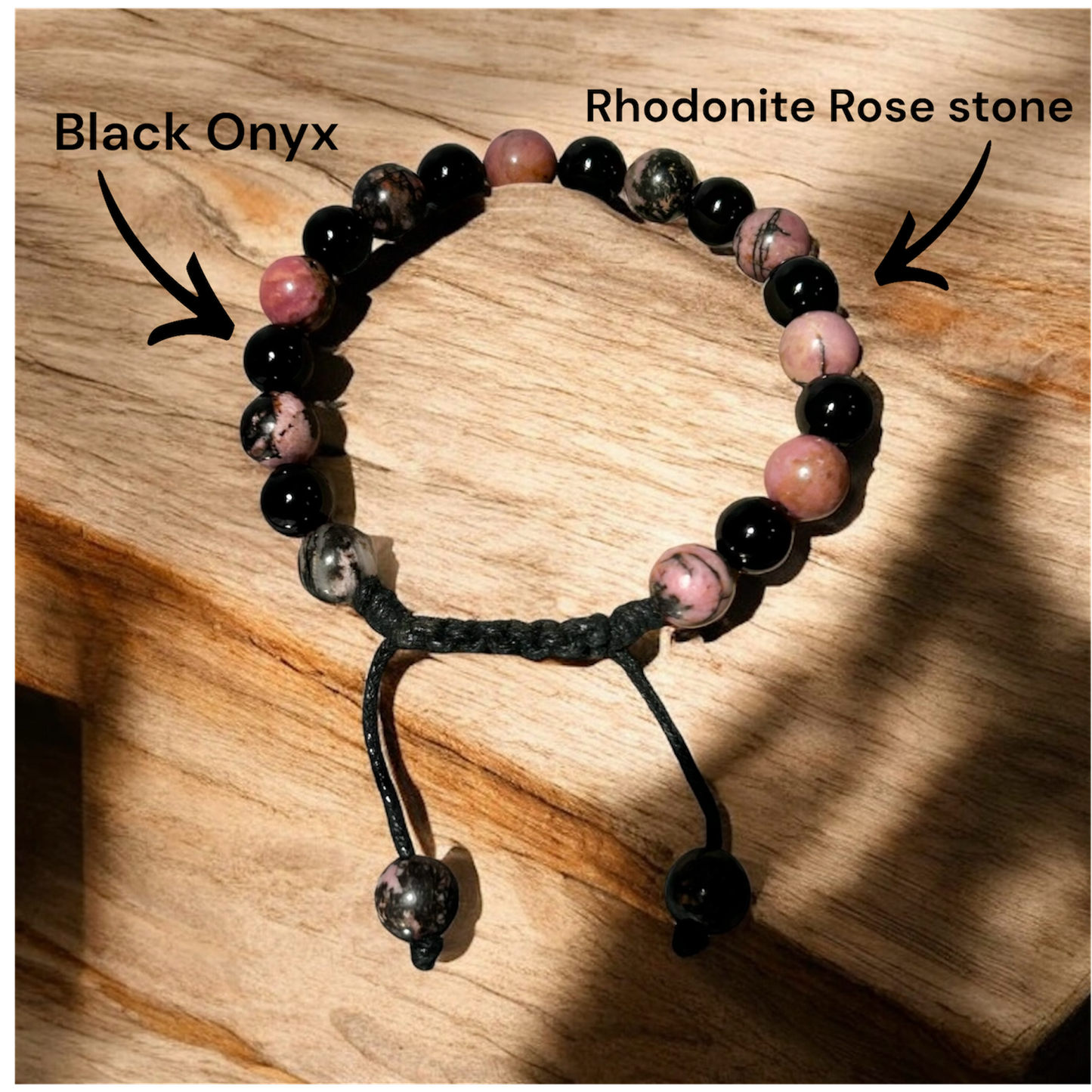 Natural Gemstone Bracelet Rhodonite & Black Onyx Stones Adjustable Healing Stone Bracelet for Self Love & Protection Properties