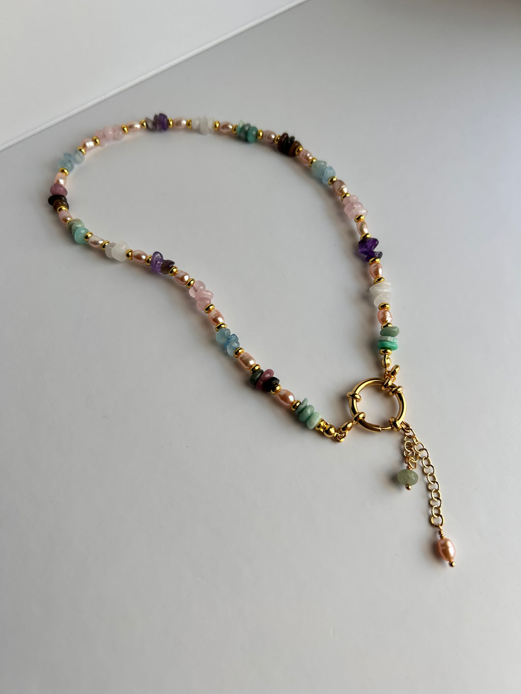 Ethereal Harmony Necklace with Multicolor Gemstones & Gold Chain for Women's Fashion Elegant Beaded Design Handcrafted with Natural Stones & Freshwater Pearls