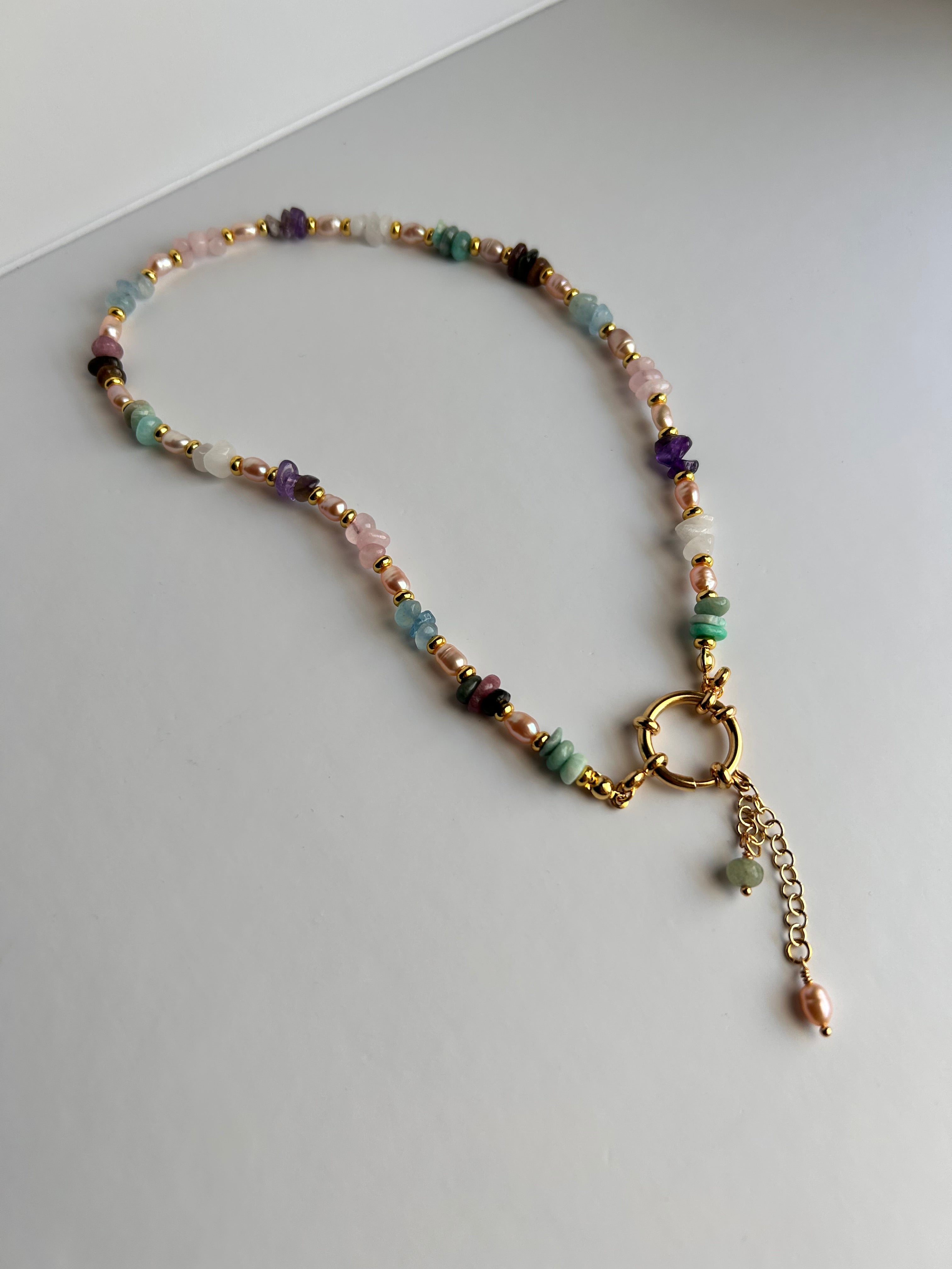 Ethereal Harmony Necklace with Multicolor Gemstones & Gold Chain for Women's Fashion Elegant Beaded Design Handcrafted with Natural Stones & Freshwater Pearls