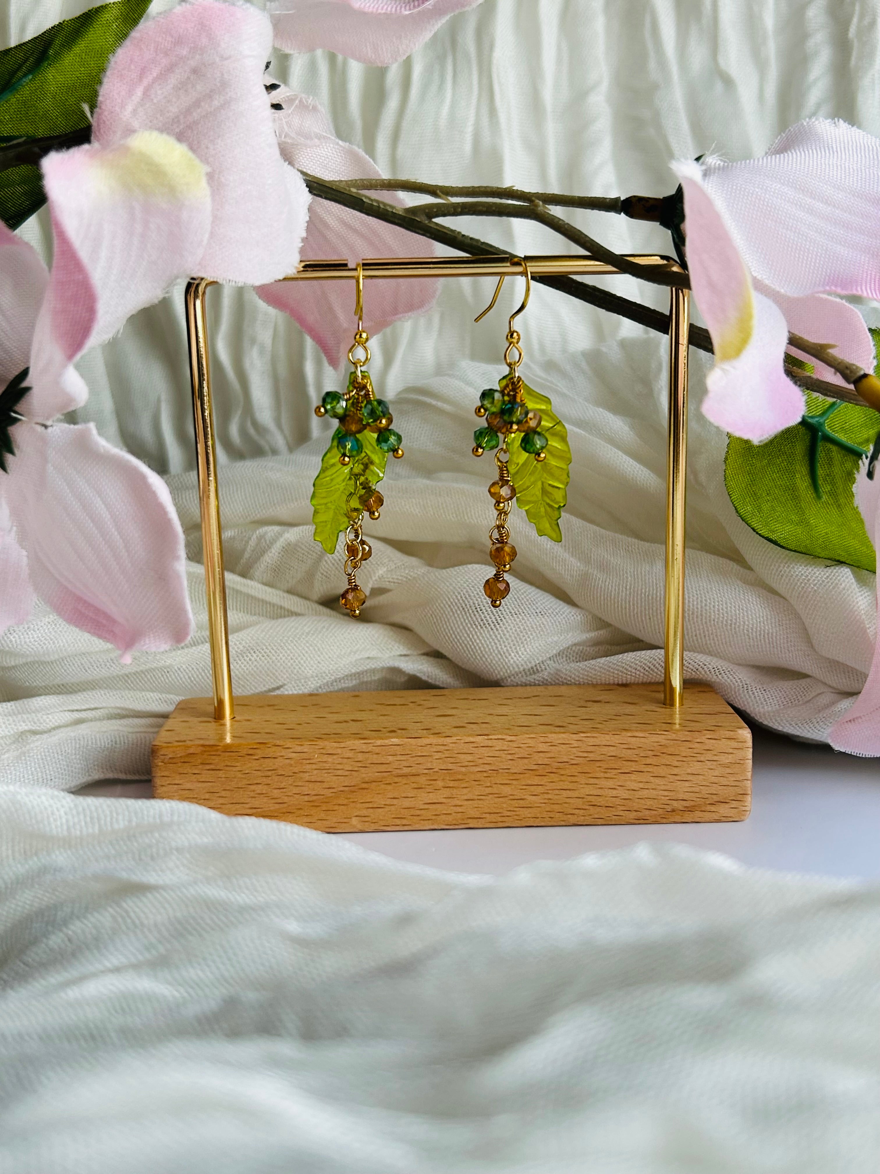 Spring Bloom Earrings with Green Leaf Design and Sparkling Beads Gold-Tone Hooks