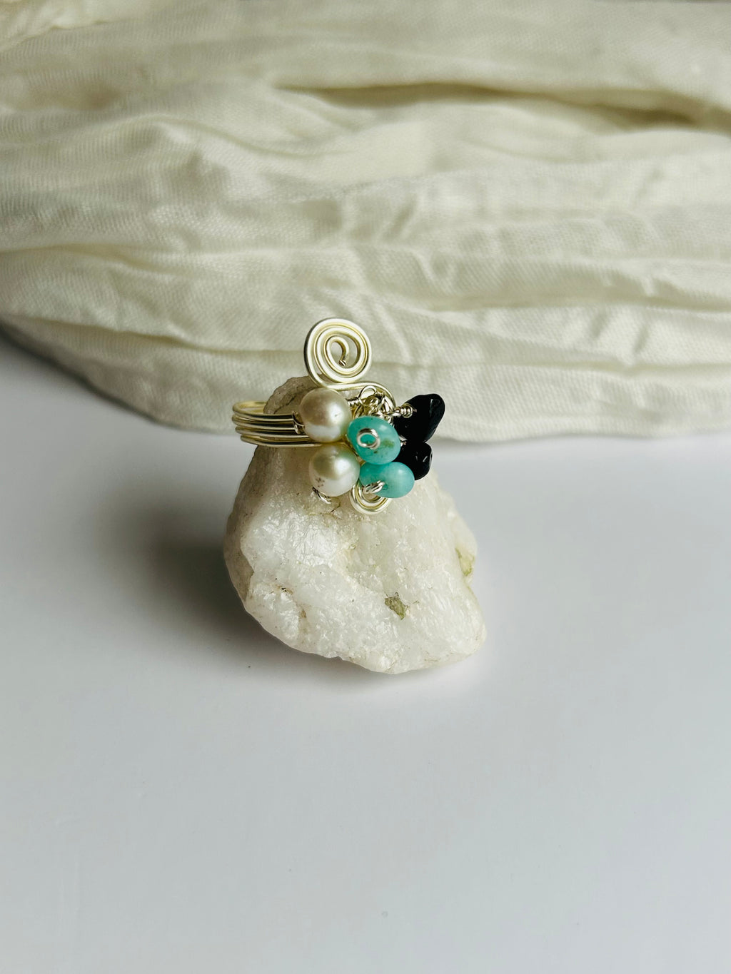 Soul Wire Ring with Freshwater Pearls, Natural Stones, and Carefully Wrapped Wire, Gold and Silver Color Options