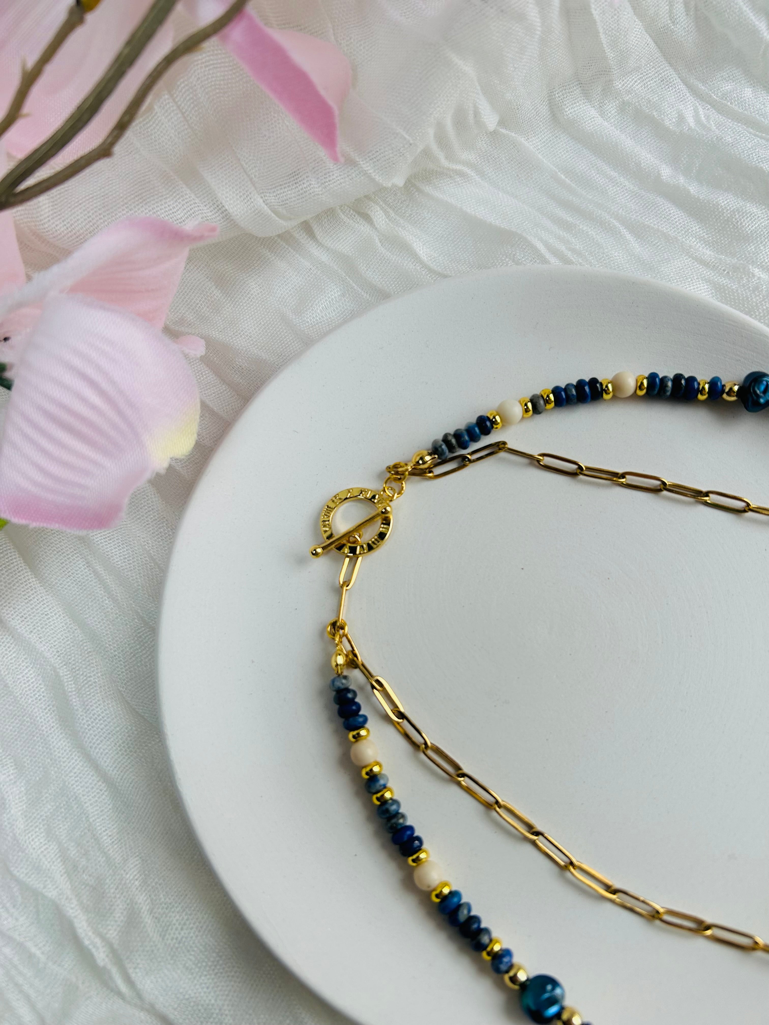 Celestial Leaf Lapis Necklace – Lapis Lazuli & Blue Freshwater Pearls with 18K Gold-Plated Chain.