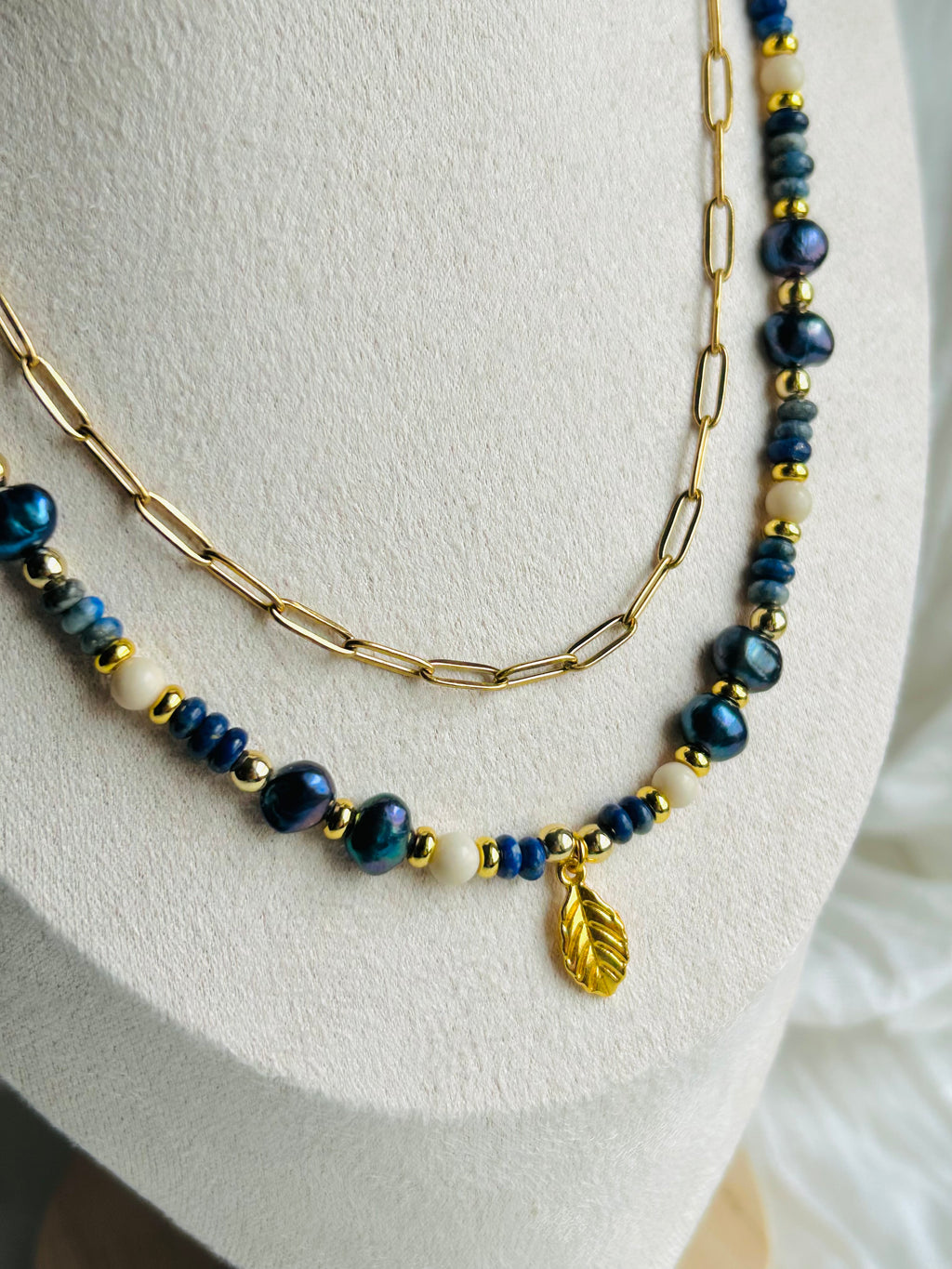 Celestial Leaf Lapis Necklace – Lapis Lazuli & Blue Freshwater Pearls with 18K Gold-Plated Chain.