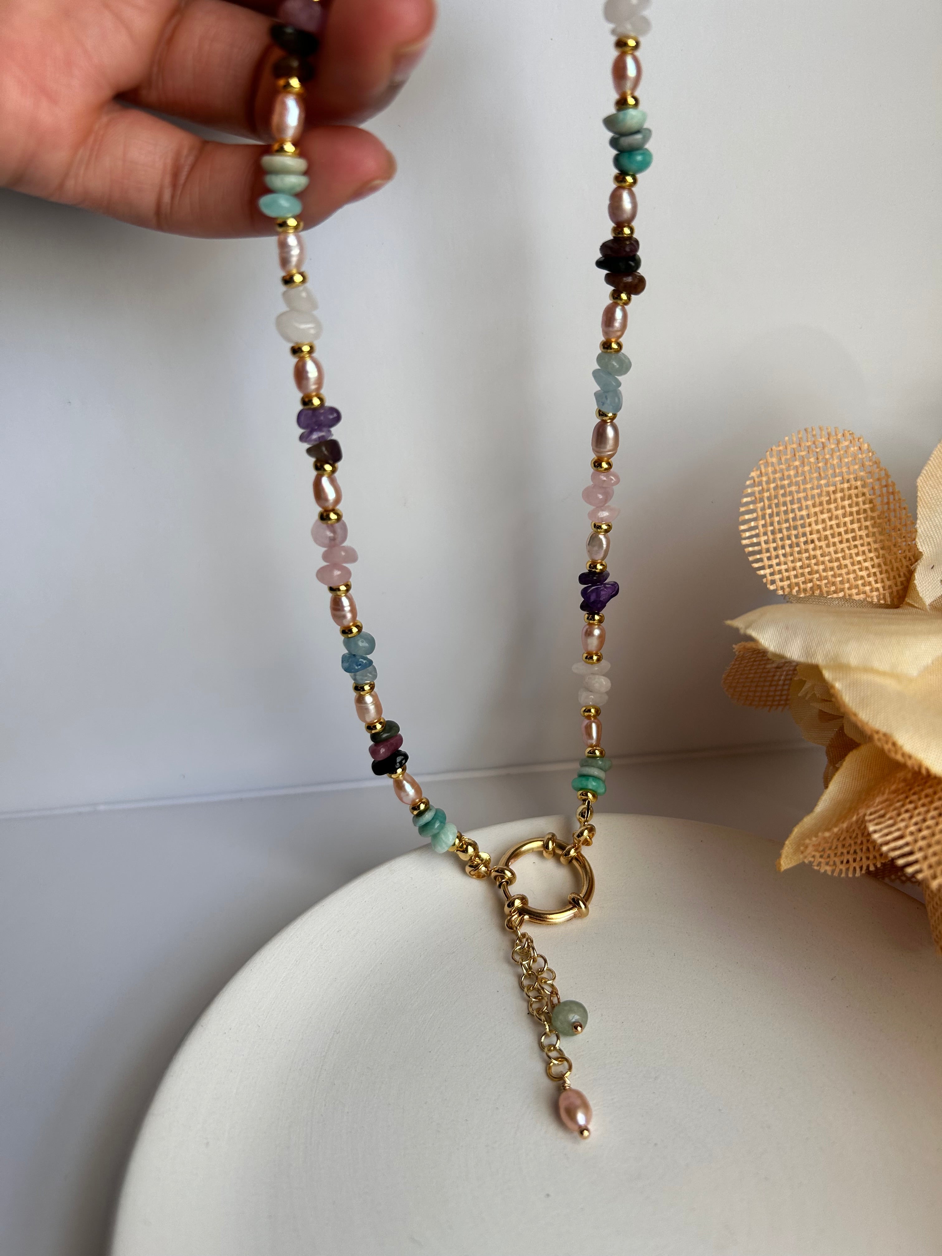 Ethereal Harmony Necklace with Multicolor Gemstones & Gold Chain for Women's Fashion Elegant Beaded Design Handcrafted with Natural Stones & Freshwater Pearls