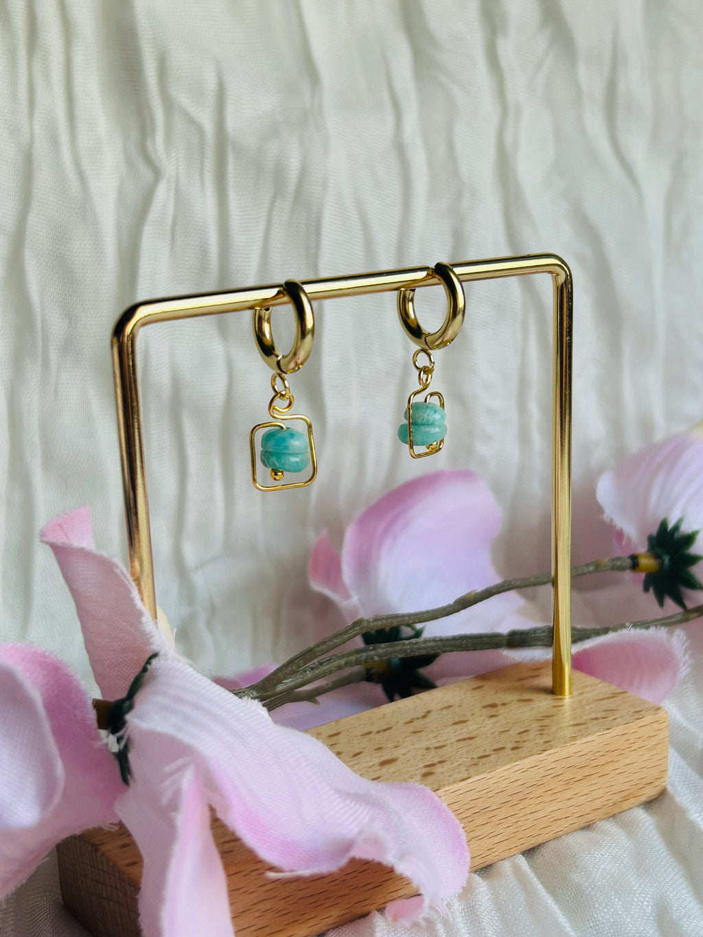 Moon Frame Earrings Natural Amazonite Stones Hypoallergenic Non Tarnish Huggie Hooks for Everyday Wear