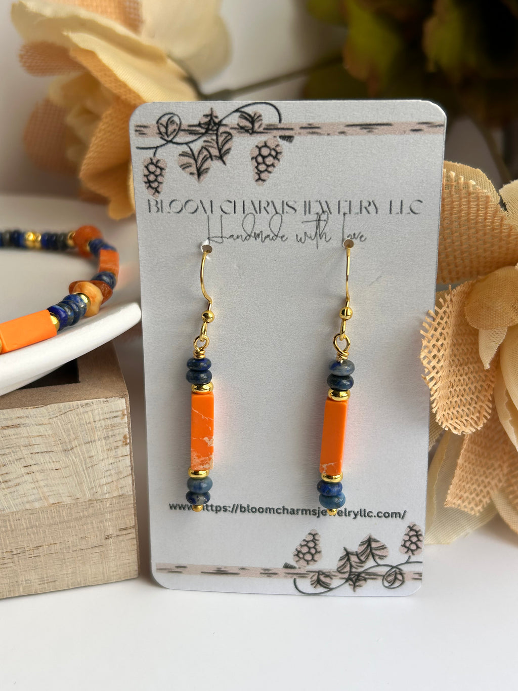 Sol de Fuego Set Vibrant Carnelian & Lapis Lazuli Stones Beaded Necklace with Heart Pendant & Matching Earrings for Stylish Outfits Gold-Plated Hypoallergenic Handmade
