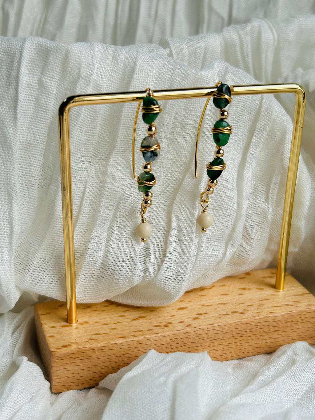 Forests Dew Drop Earrings with a soft, delicate shine. Hypoallergenic, lightweight, 18K gold plated, and non-tarnish for lasting beauty.