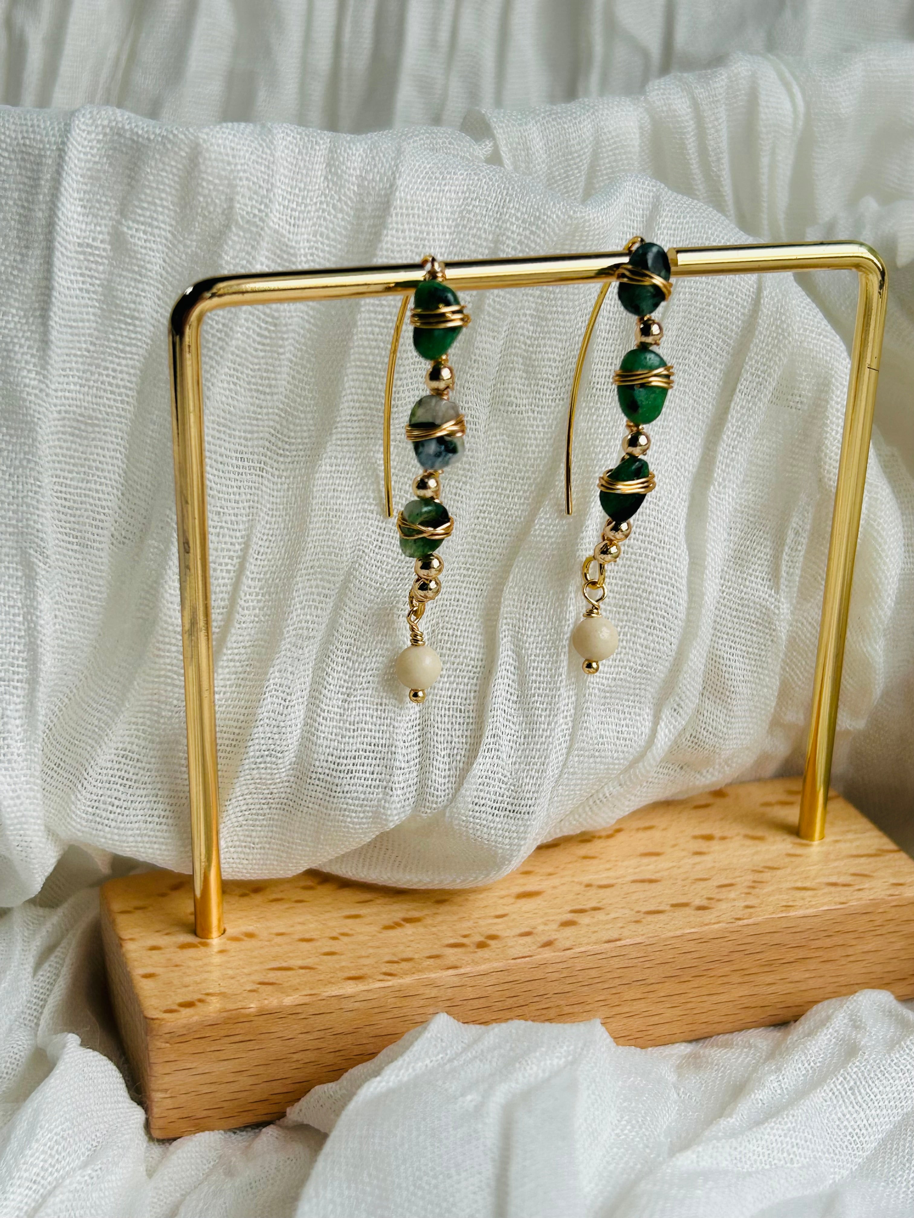 Forests Dew Drop Earrings with a soft, delicate shine. Hypoallergenic, lightweight, 18K gold plated, and non-tarnish for lasting beauty.
