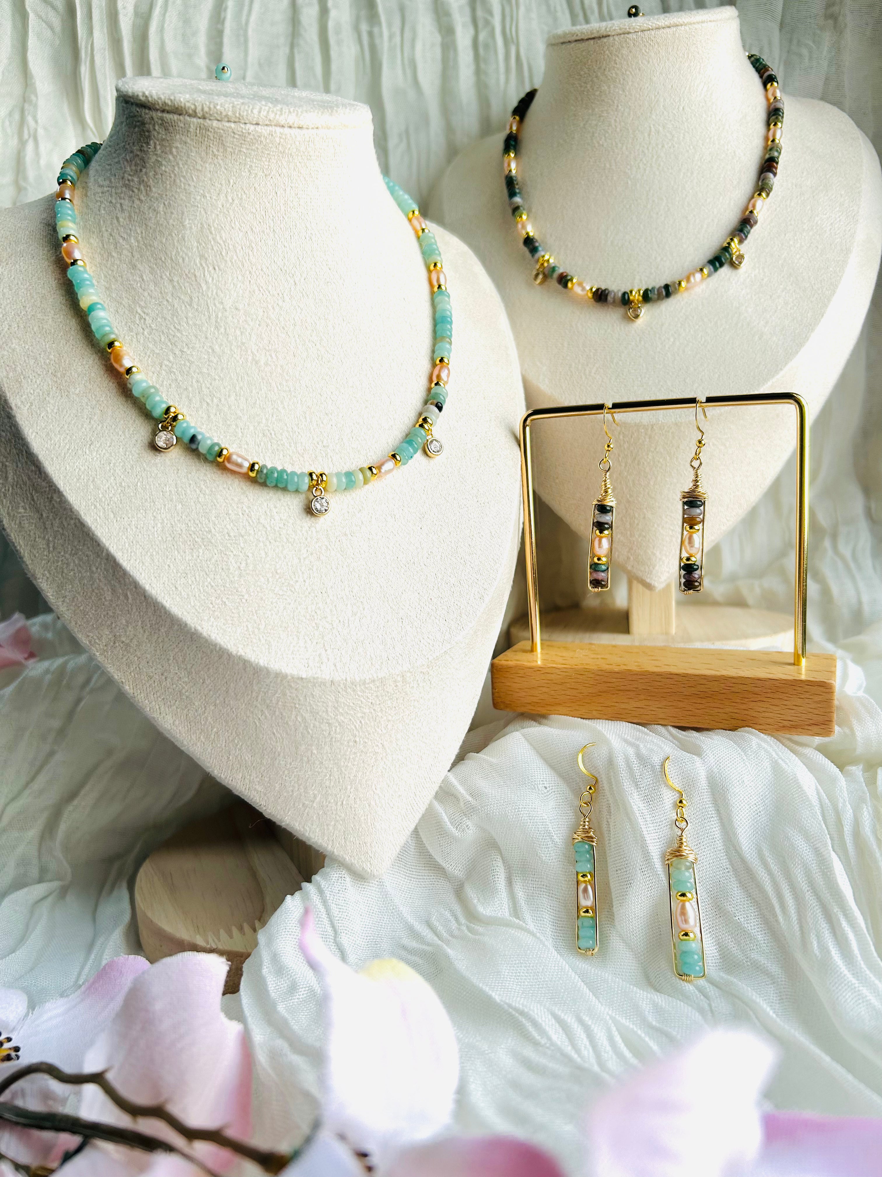 Seafoam Grace Jewelry Set Handcrafted Necklace & Earrings with Amazonite India Agate Freshwater Pearls 18K Gold Plated Hypoallergenic Unique Design