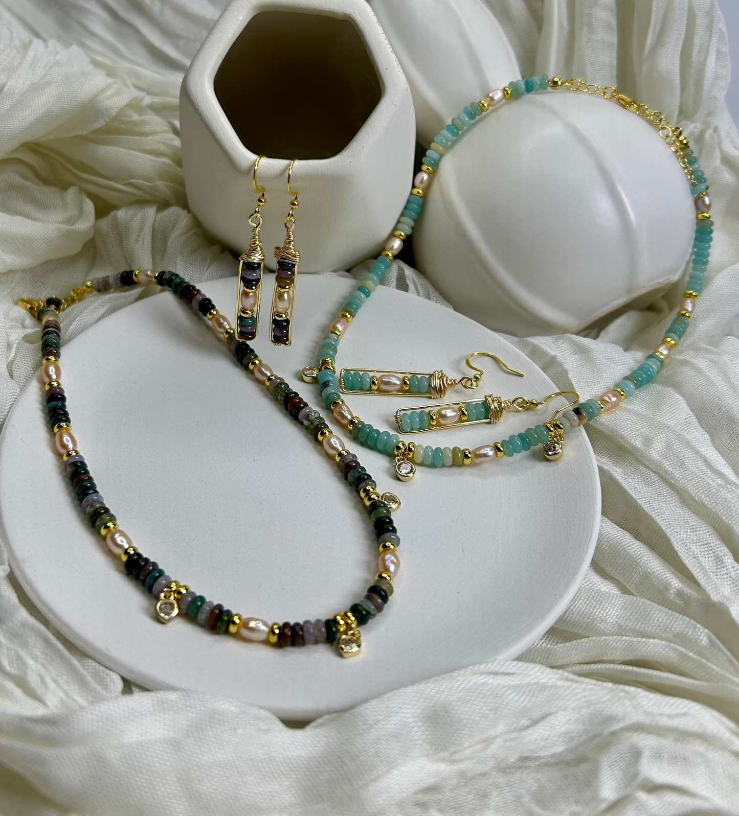 Seafoam Grace Jewelry Set Handcrafted Necklace & Earrings with Amazonite India Agate Freshwater Pearls 18K Gold Plated Hypoallergenic Unique Design