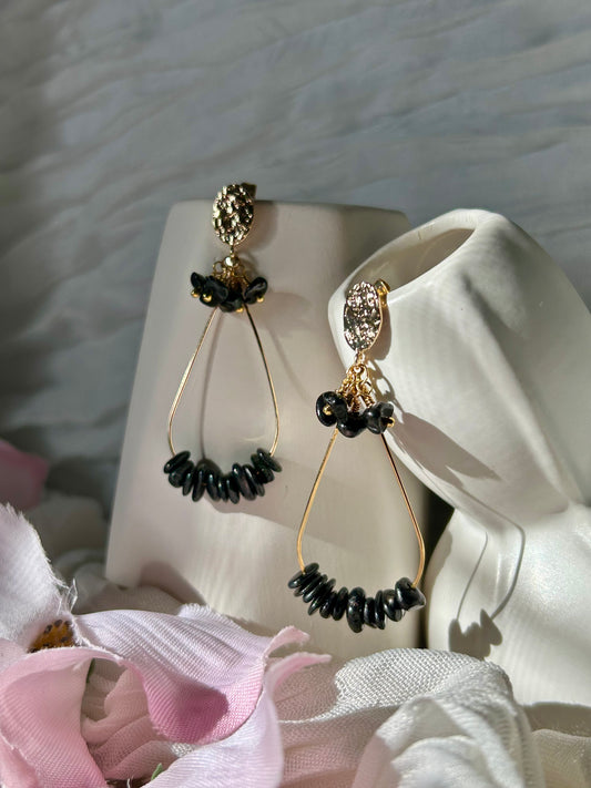 Aurora Teardrop Gemstone Earrings. Handcrafted, hypoallergenic, plated with 18K real Gold. Rose Quartz, Tourmaline, Moonstone, Obsidian, and Aquamarine Quartz.