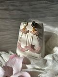 Aurora Teardrop Gemstone Earrings. Handcrafted, hypoallergenic, plated with 18K real Gold. Rose Quartz, Tourmaline, Moonstone, Obsidian, and Aquamarine Quartz.