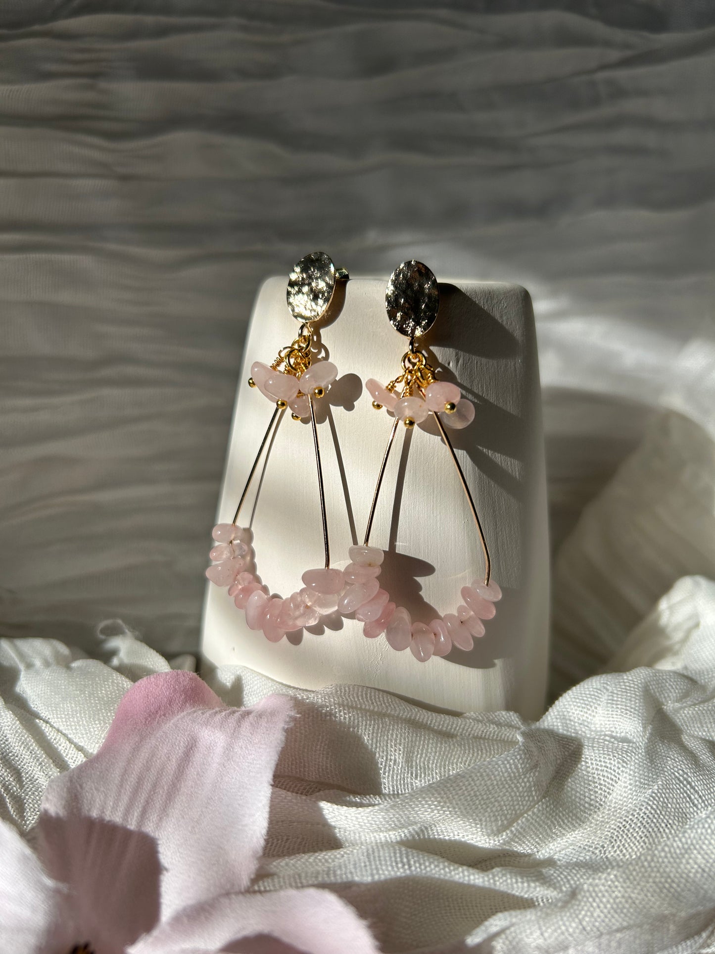 Aurora Teardrop Gemstone Earrings. Handcrafted, hypoallergenic, plated with 18K real Gold. Rose Quartz, Tourmaline, Moonstone, Obsidian, and Aquamarine Quartz.