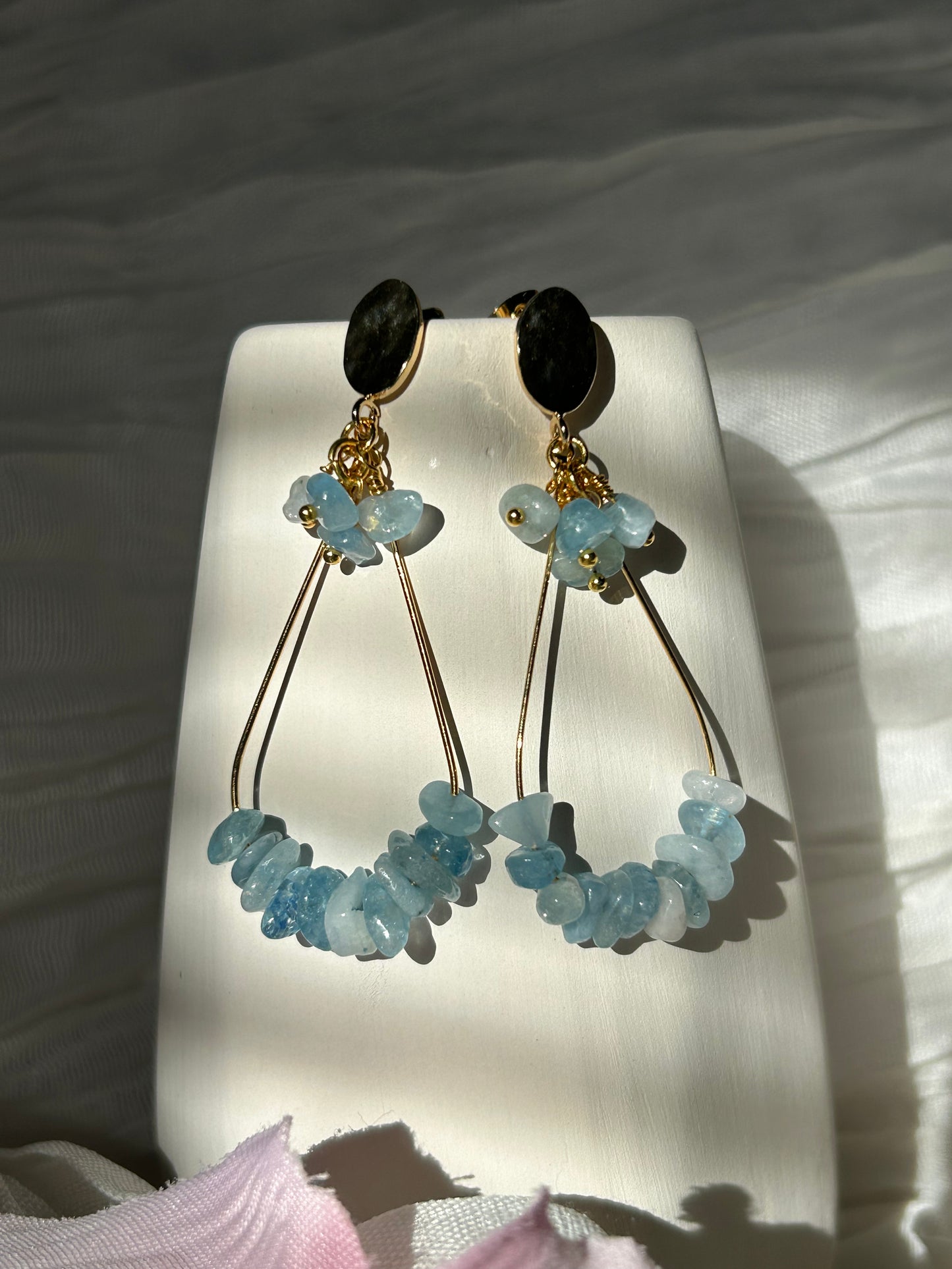 Aurora Teardrop Gemstone Earrings. Handcrafted, hypoallergenic, plated with 18K real Gold. Rose Quartz, Tourmaline, Moonstone, Obsidian, and Aquamarine Quartz.