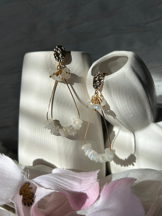 Aurora Teardrop Gemstone Earrings. Handcrafted, hypoallergenic, plated with 18K real Gold. Rose Quartz, Tourmaline, Moonstone, Obsidian, and Aquamarine Quartz.