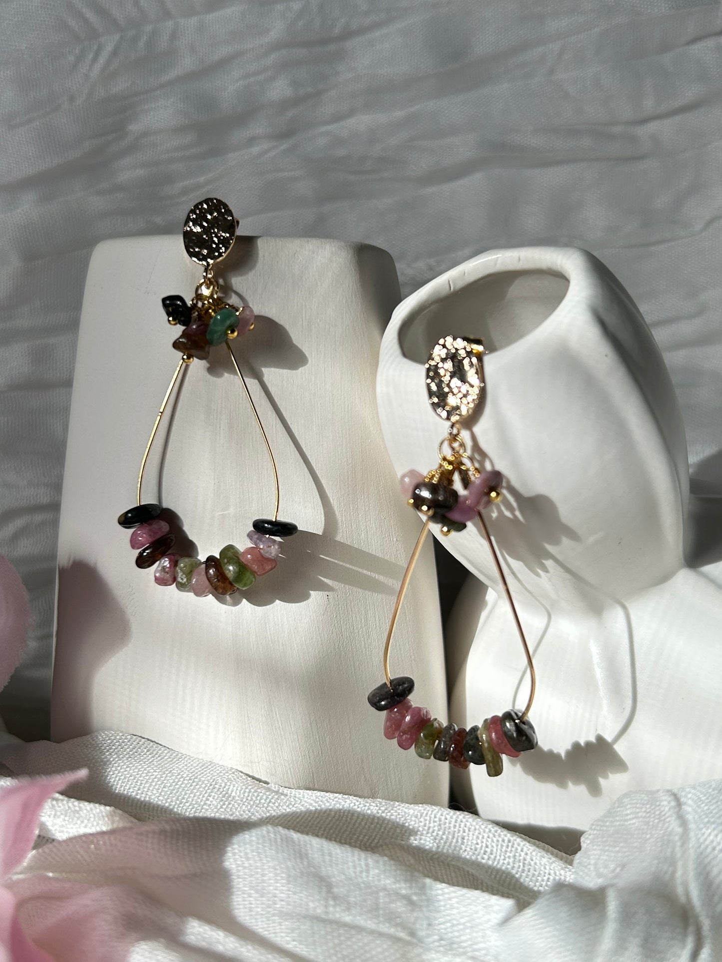 Aurora Teardrop Gemstone Earrings. Handcrafted, hypoallergenic, plated with 18K real Gold. Rose Quartz, Tourmaline, Moonstone, Obsidian, and Aquamarine Quartz.