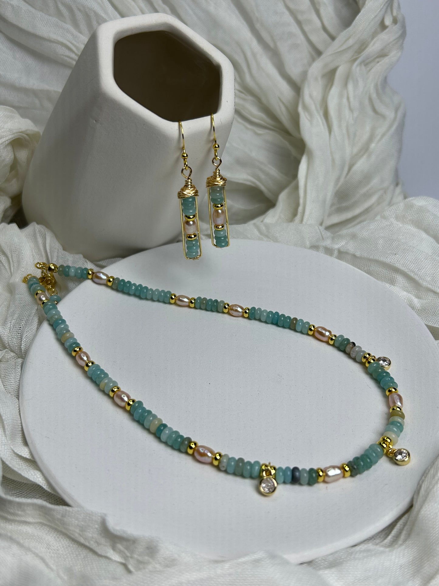 Seafoam Grace Jewelry Set Handcrafted Necklace & Earrings with Amazonite India Agate Freshwater Pearls 18K Gold Plated Hypoallergenic Unique Design