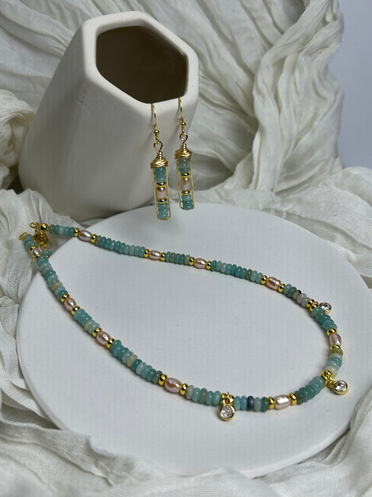 Seafoam Grace Jewelry Set Handcrafted Necklace & Earrings with Amazonite India Agate Freshwater Pearls 18K Gold Plated Hypoallergenic Unique Design