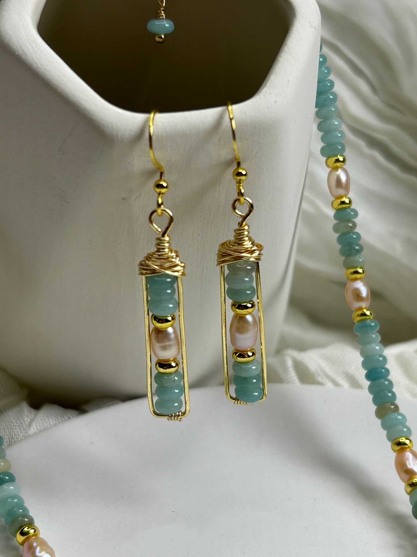 Seafoam Grace Jewelry Set Handcrafted Necklace & Earrings with Amazonite India Agate Freshwater Pearls 18K Gold Plated Hypoallergenic Unique Design