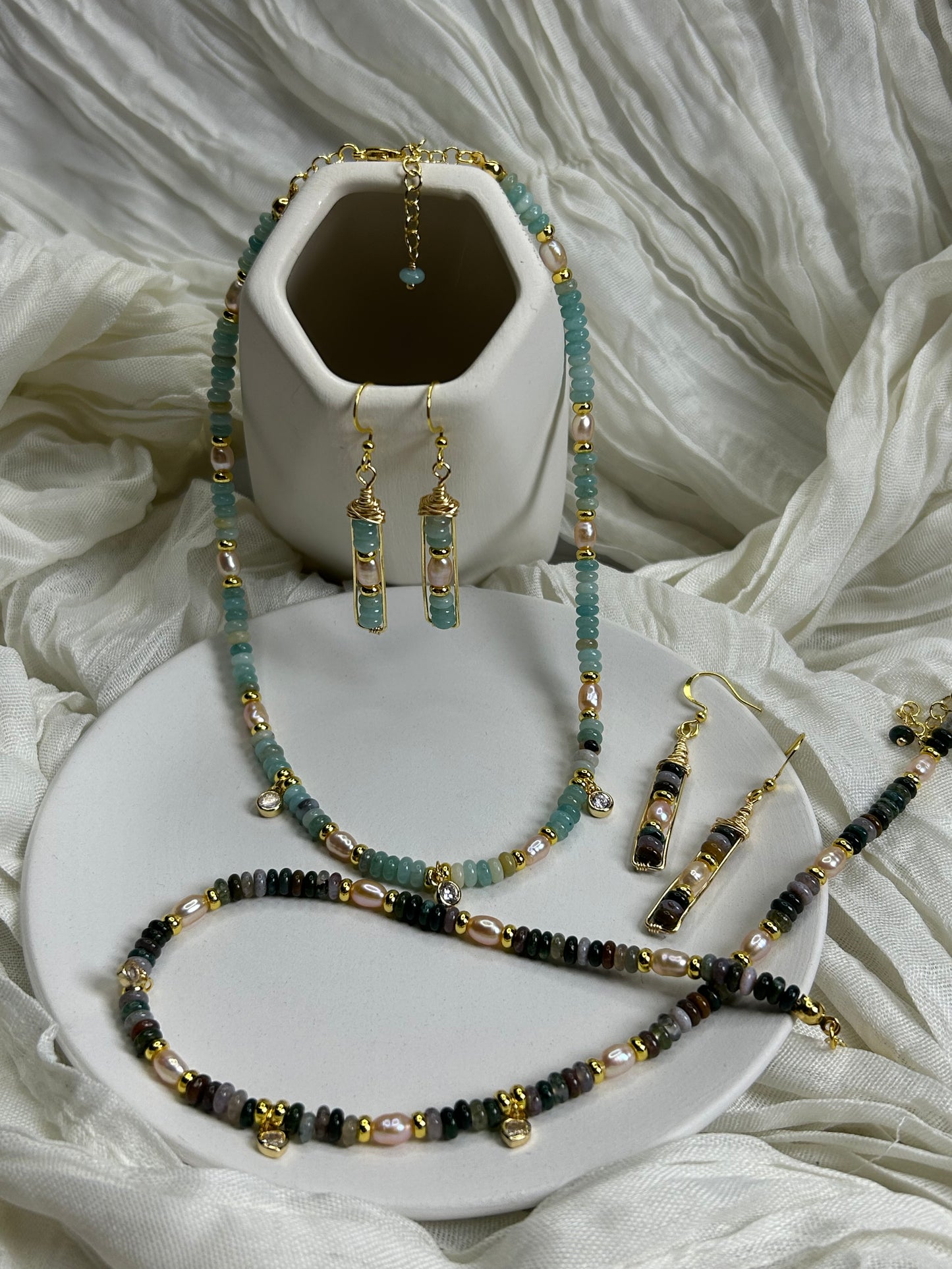 Seafoam Grace Jewelry Set Handcrafted Necklace & Earrings with Amazonite India Agate Freshwater Pearls 18K Gold Plated Hypoallergenic Unique Design