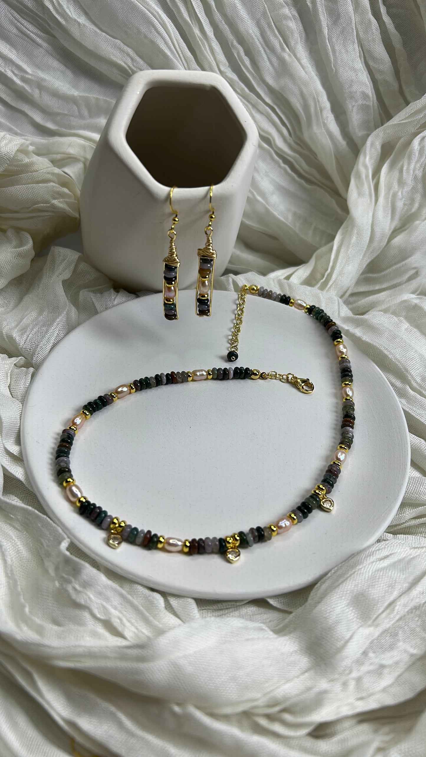 Seafoam Grace Jewelry Set Handcrafted Necklace & Earrings with Amazonite India Agate Freshwater Pearls 18K Gold Plated Hypoallergenic Unique Design