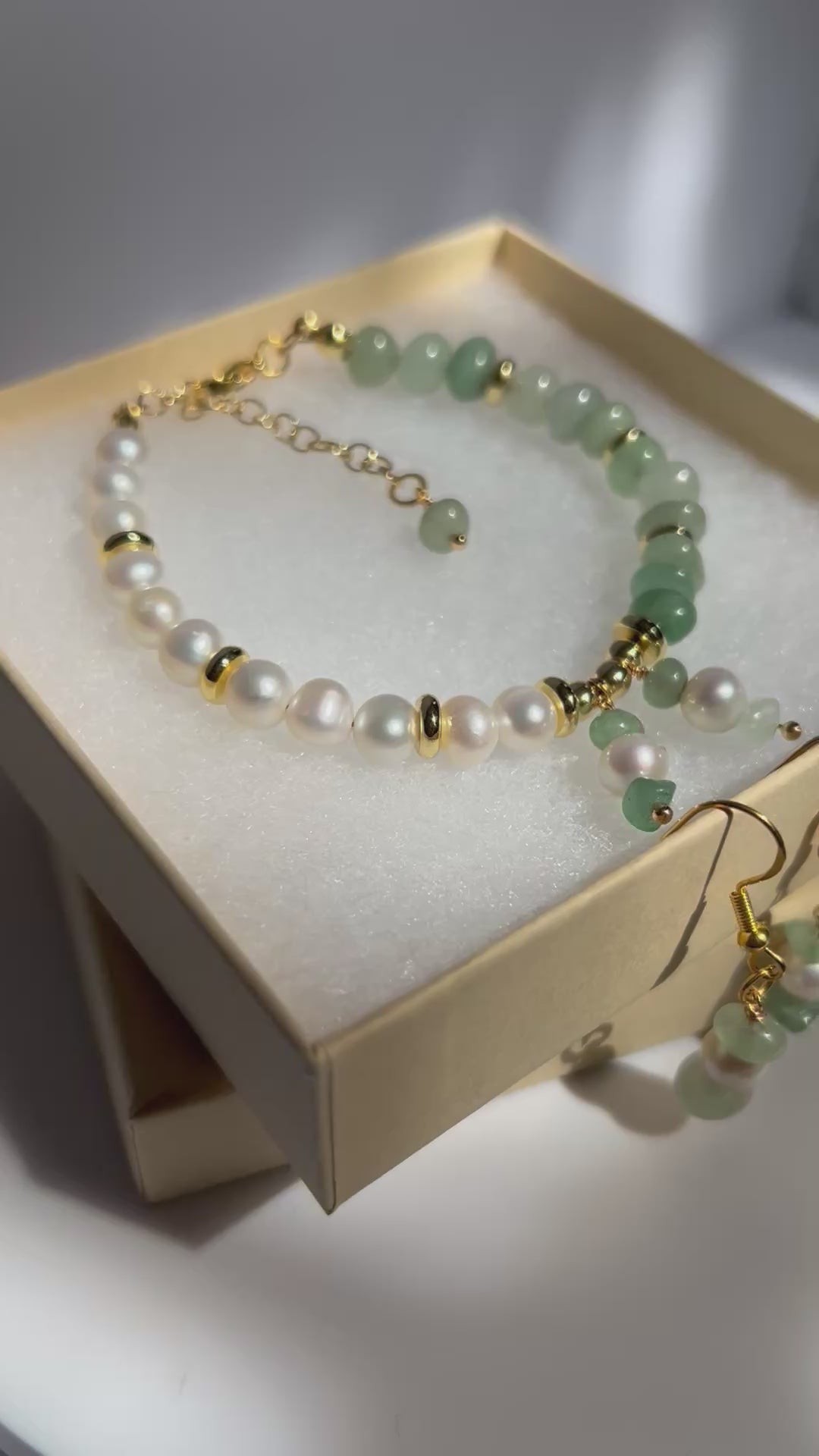 White Freshwater Pearls, Green Aventurine Gemstone, 14k Gold Plated Metal Bracelet & Earrings Set