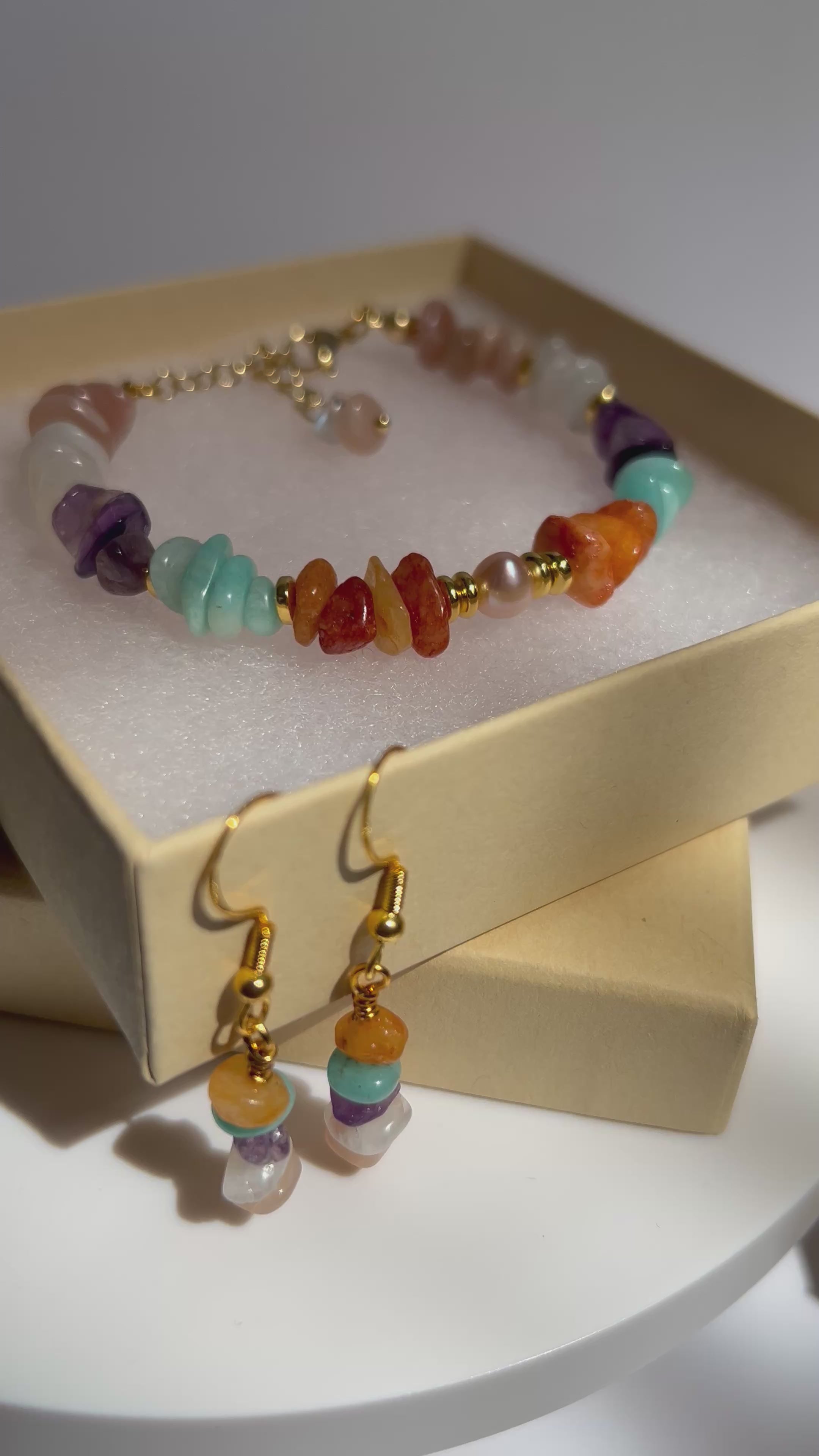 Multicolor Chip Gemstone Bracelet & Earrings Set with Freshwater Pearl 14K Gold Plated.
